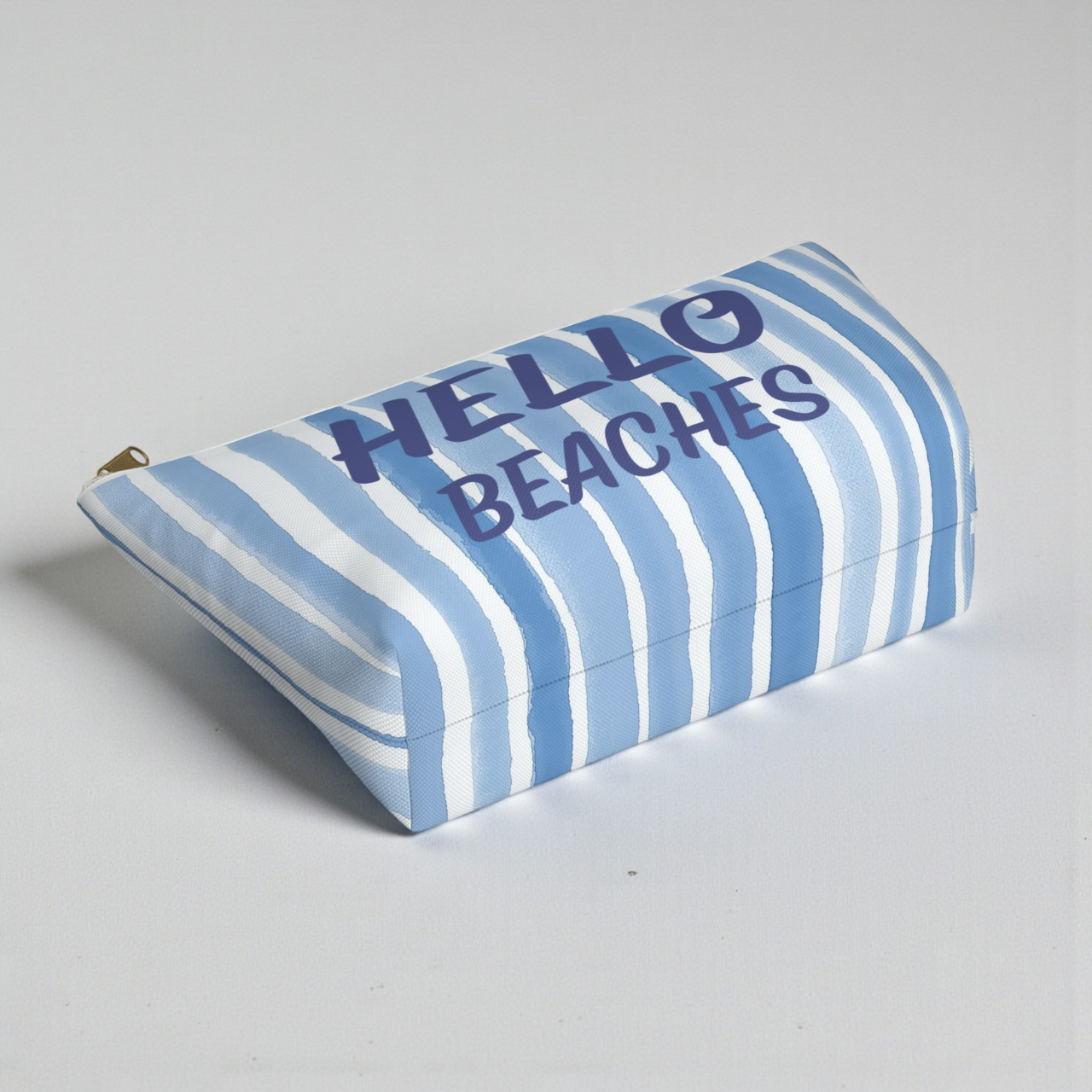 Hello Beaches Makeup Bag I Blue Stripe Coastal Cosmetic Pouch, Beach Lover Gift, Travel Toiletry Bag, Summer Accessory product thumbnail image