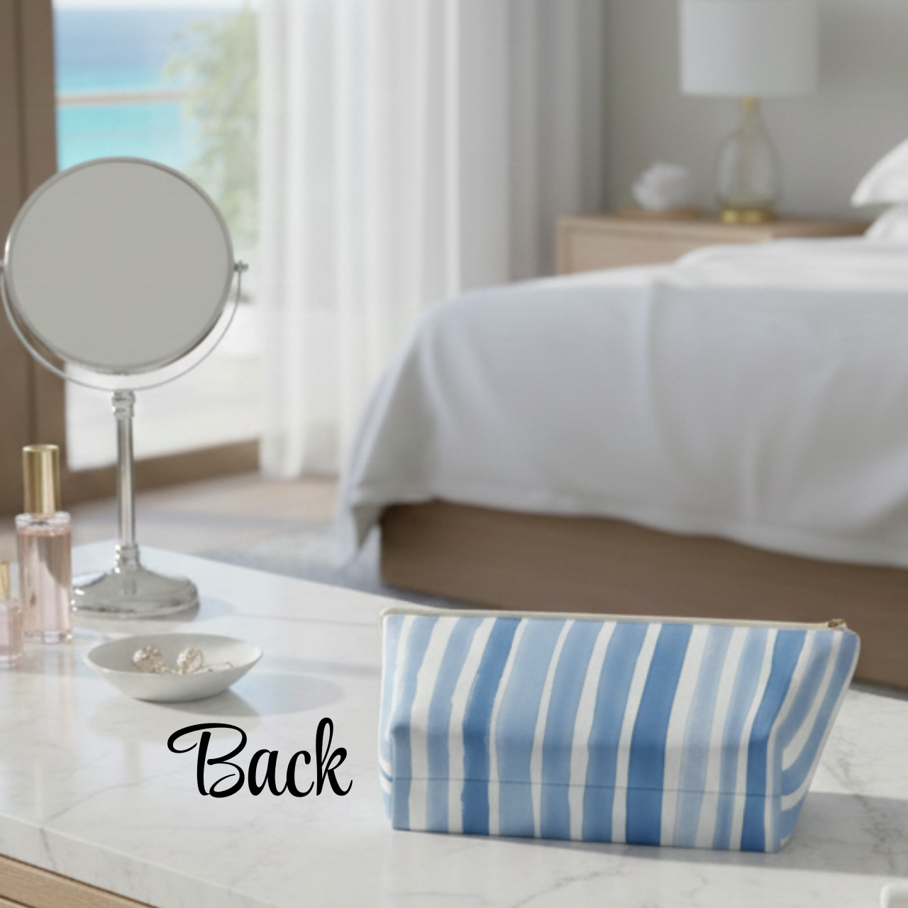 Hello Beaches Makeup Bag I Blue Stripe Coastal Cosmetic Pouch, Beach Lover Gift, Travel Toiletry Bag, Summer Accessory product thumbnail image