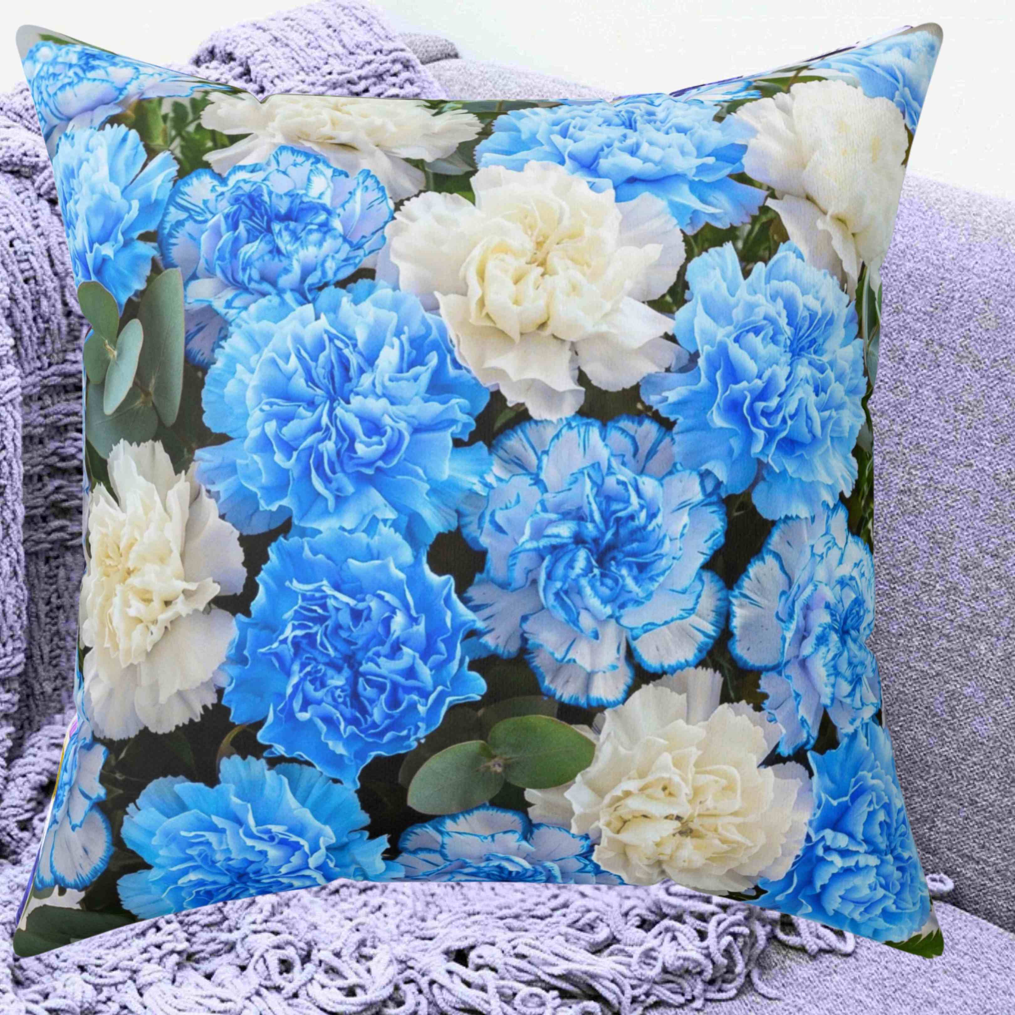 Blue and Cream Carnation Floral Pillow | Decorative Throw Pillow product thumbnail image