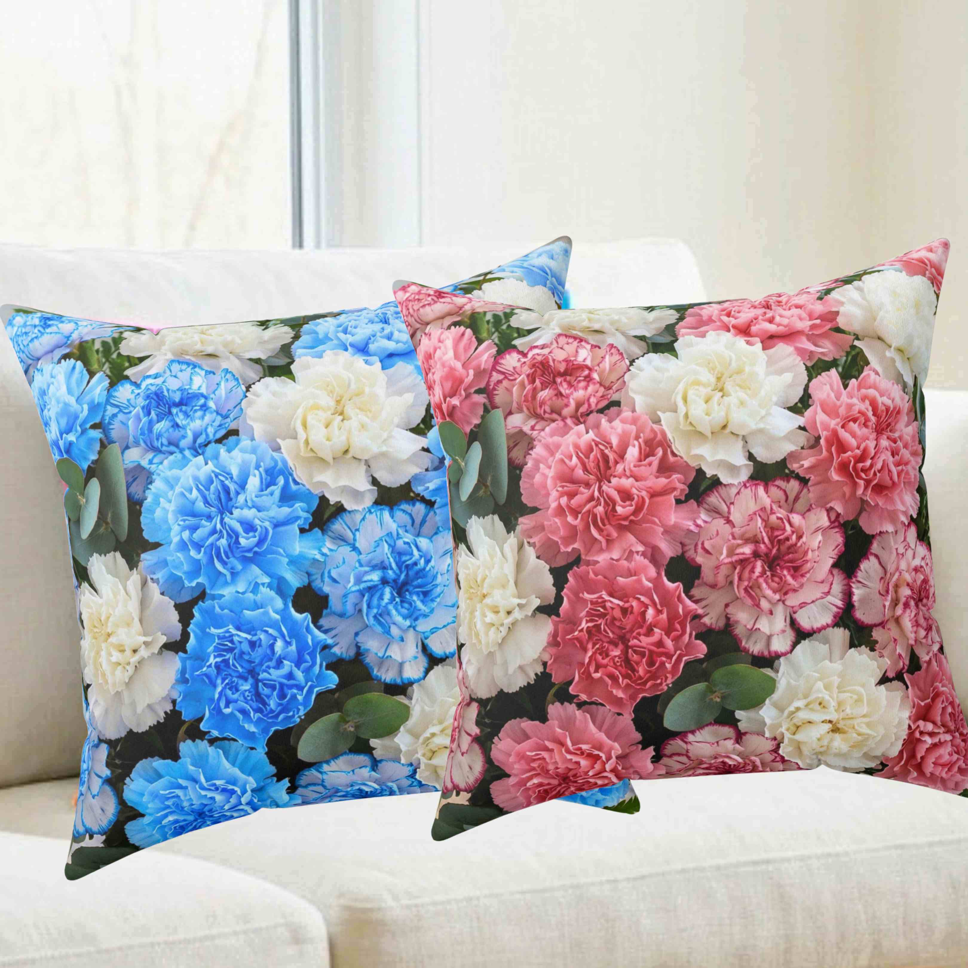 Blue and Cream Carnation Floral Pillow | Decorative Throw Pillow product thumbnail image