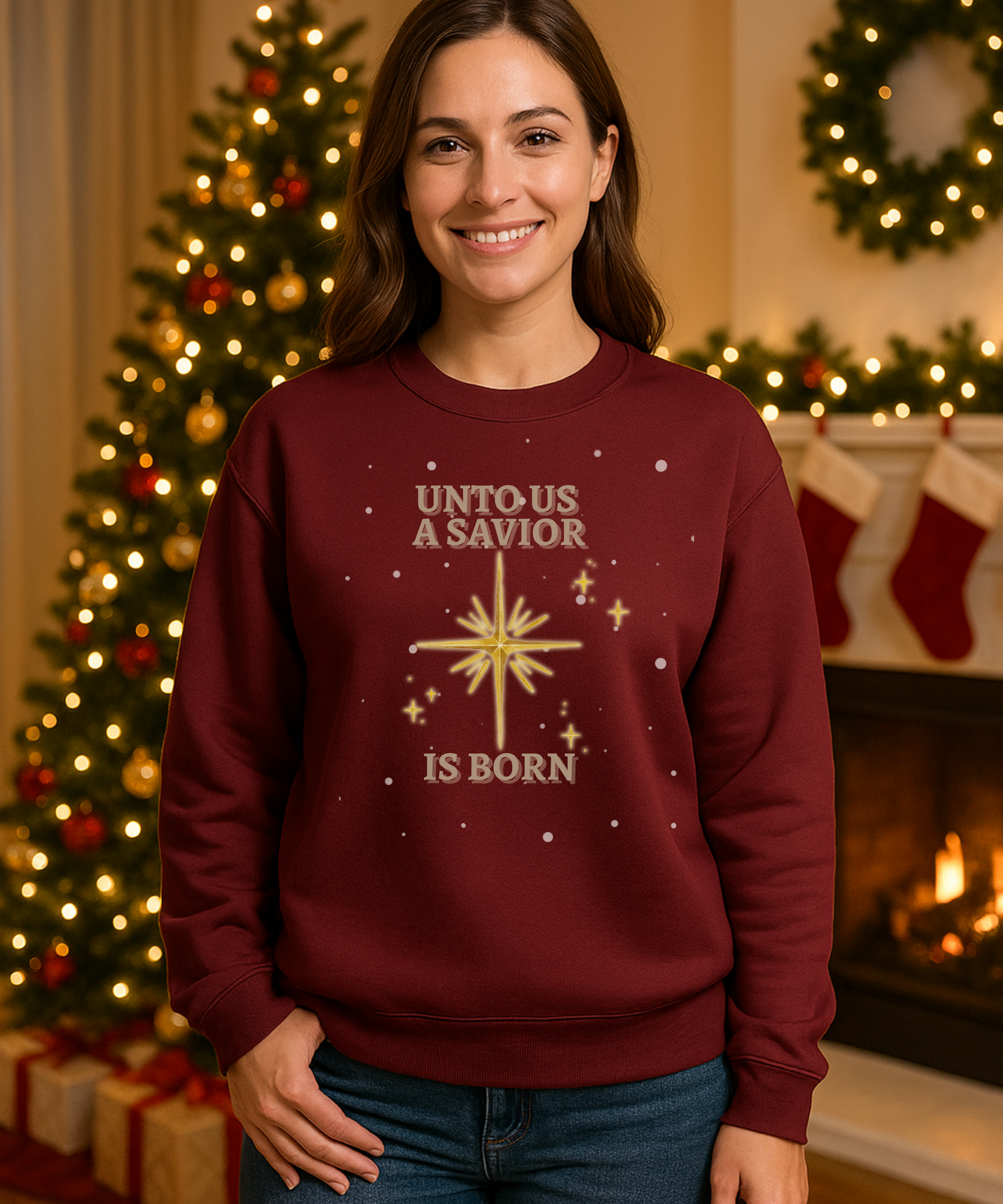 Unto Us A Savior Is Born” Christian Christmas Sweatshirt – Bethlehem Star – Faith Holiday Crewneck product thumbnail image Unto Us A Savior Is Born” Christian Christmas Sweatshirt – Bethlehem Star – Faith Holiday Crewneck product thumbnail image