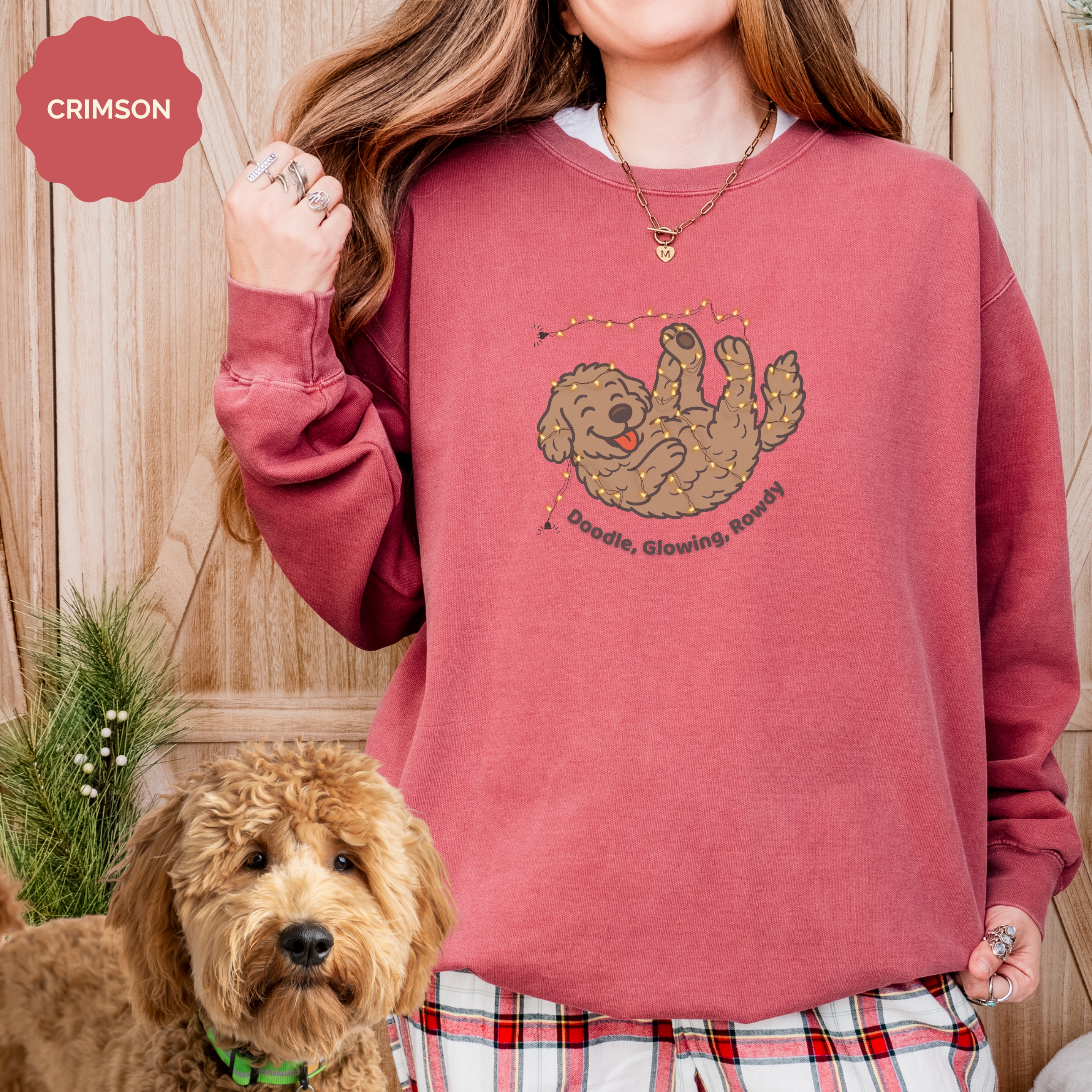 Goldendoodle Christmas Lights Sweater, Doodle Glowing Rowdy Comfort Colors 1566, Funny Dog Mom Holiday Gift product thumbnail image
