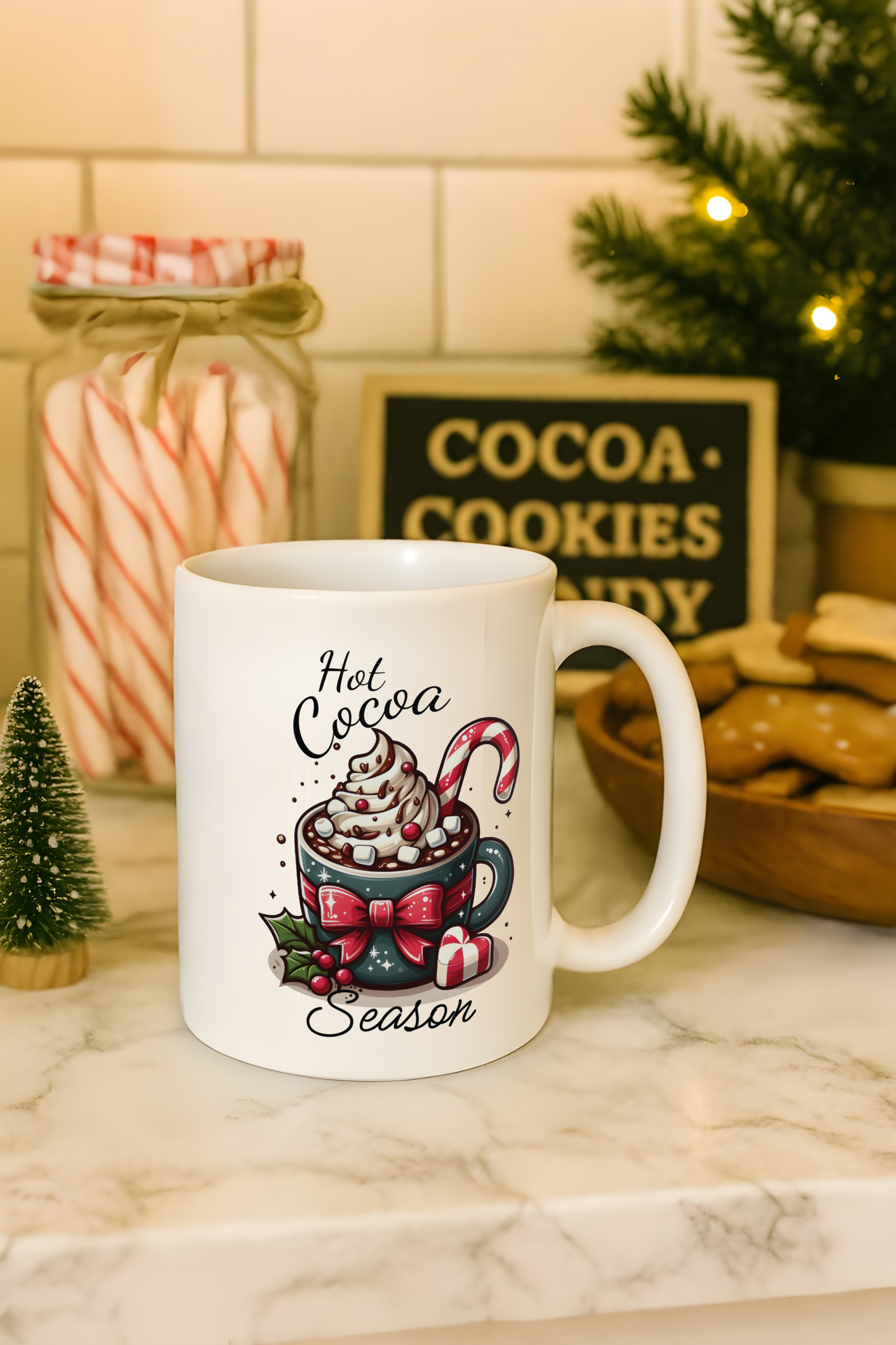 Hot Cocoa Season Christmas Mug – Cute Holiday Hot Chocolate Cup with Candy Cane &amp; Marshmallows | Christmas Gift Mug | Cozy Winter Ceramic Mug 11oz/15oz product thumbnail image
