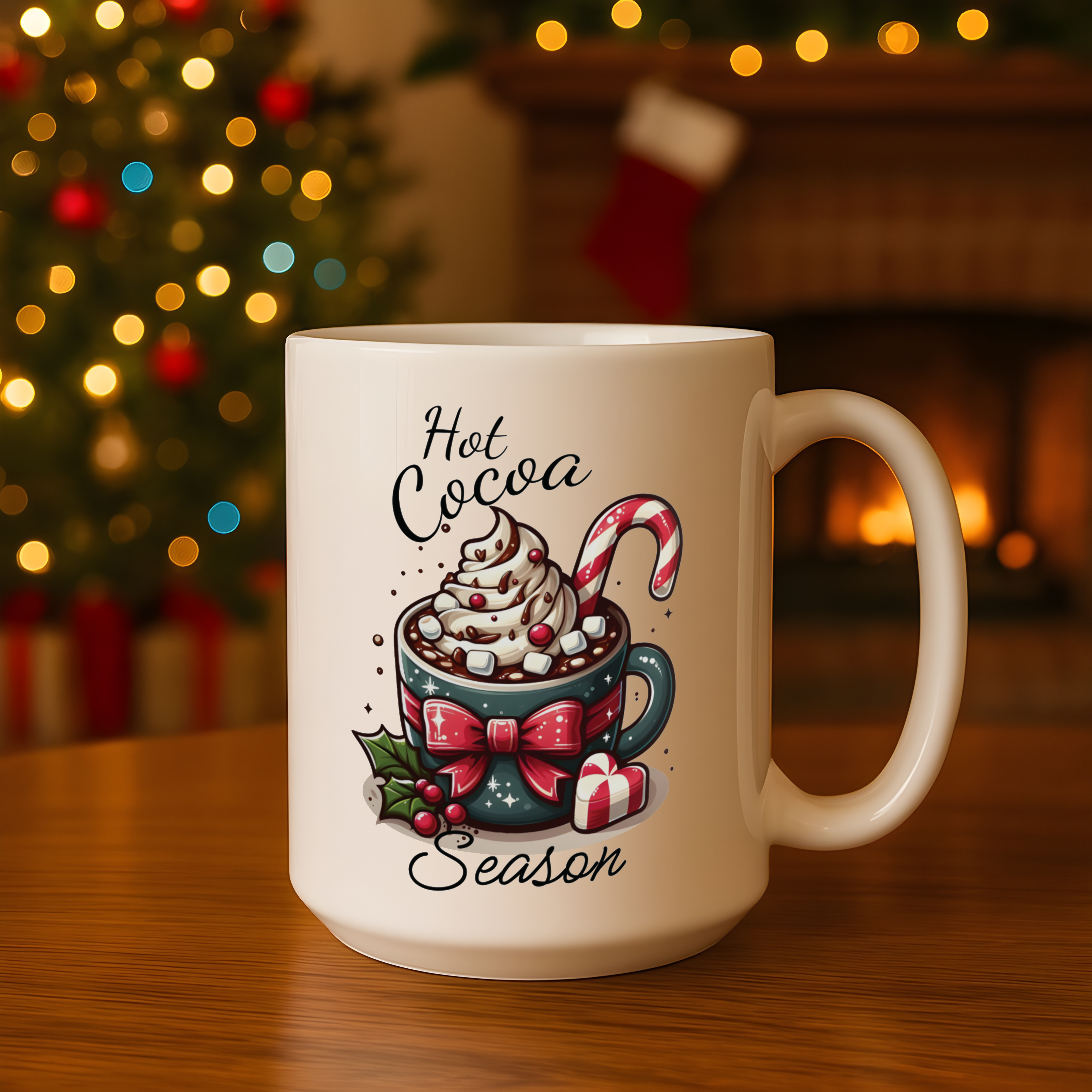 Hot Cocoa Season Christmas Mug – Cute Holiday Hot Chocolate Cup with Candy Cane &amp; Marshmallows | Christmas Gift Mug | Cozy Winter Ceramic Mug 11oz/15oz product thumbnail image