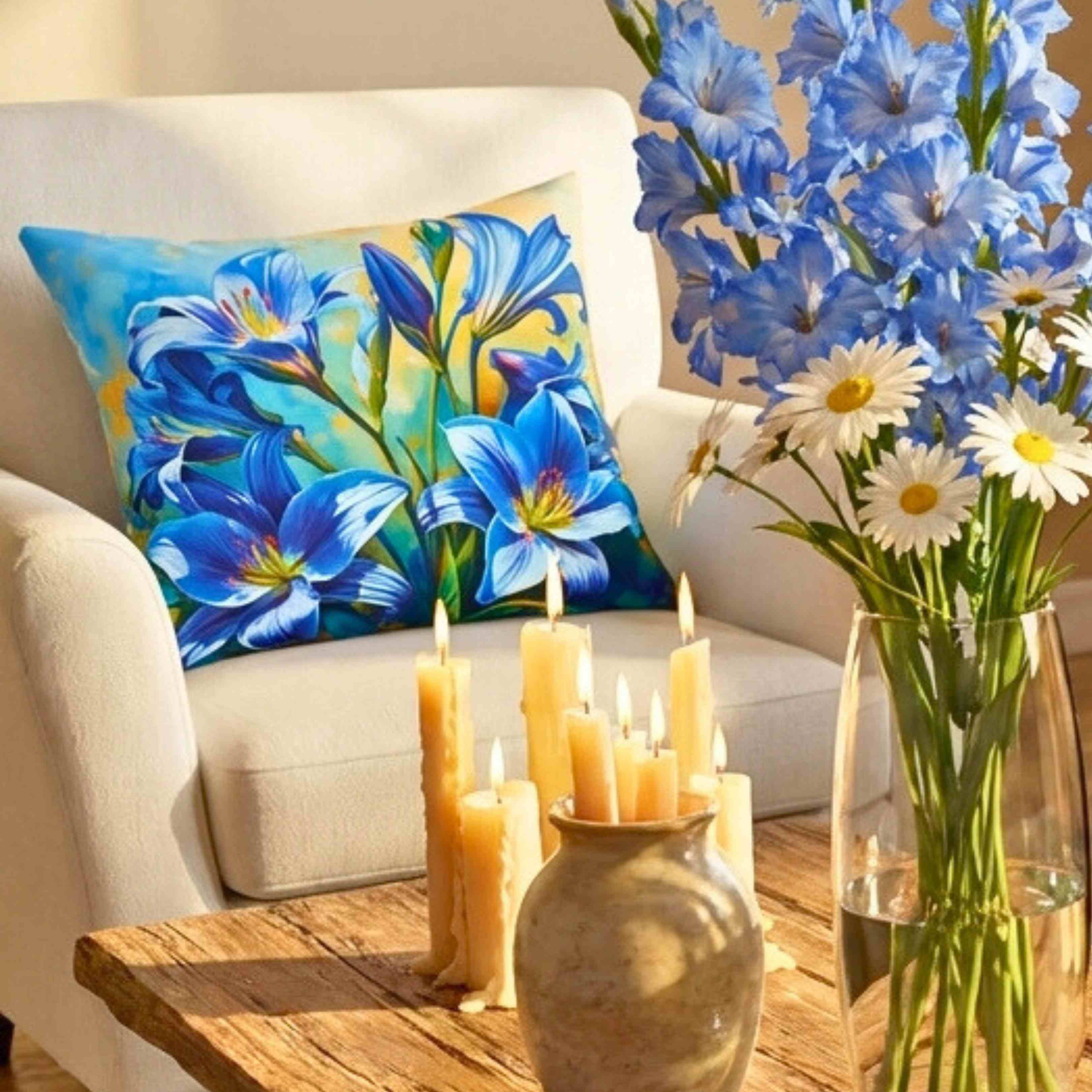 Square Pillow - Blue Lilly Flowers Design, great gift for family and friends. This beautiful pillow features blue lily flowers on a stunning background, adding a touch of elegance to any room. product thumbnail image
