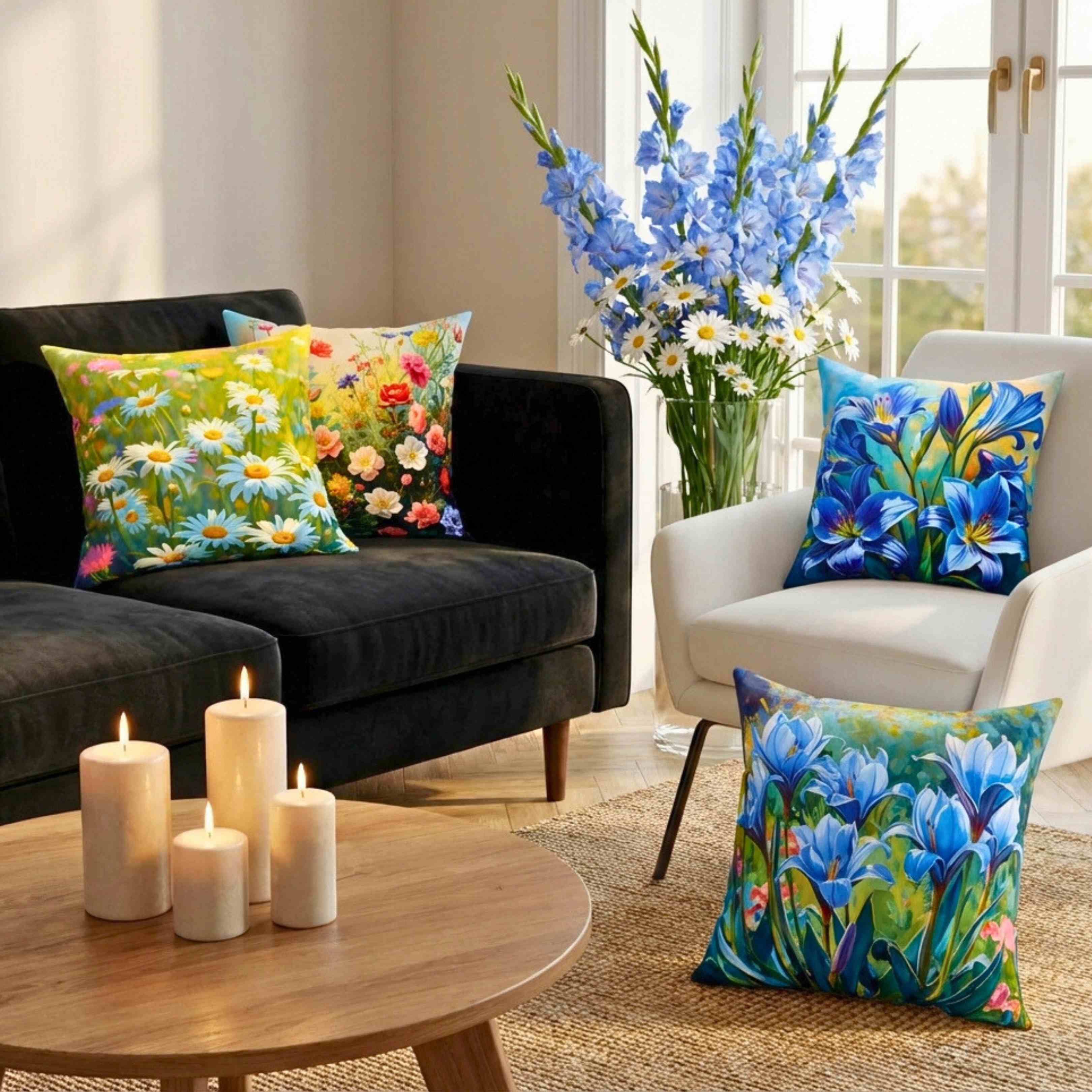 Square Pillow - Blue Lilly Flowers Design, great gift for family and friends. This beautiful pillow features blue lily flowers on a stunning background, adding a touch of elegance to any room. product thumbnail image