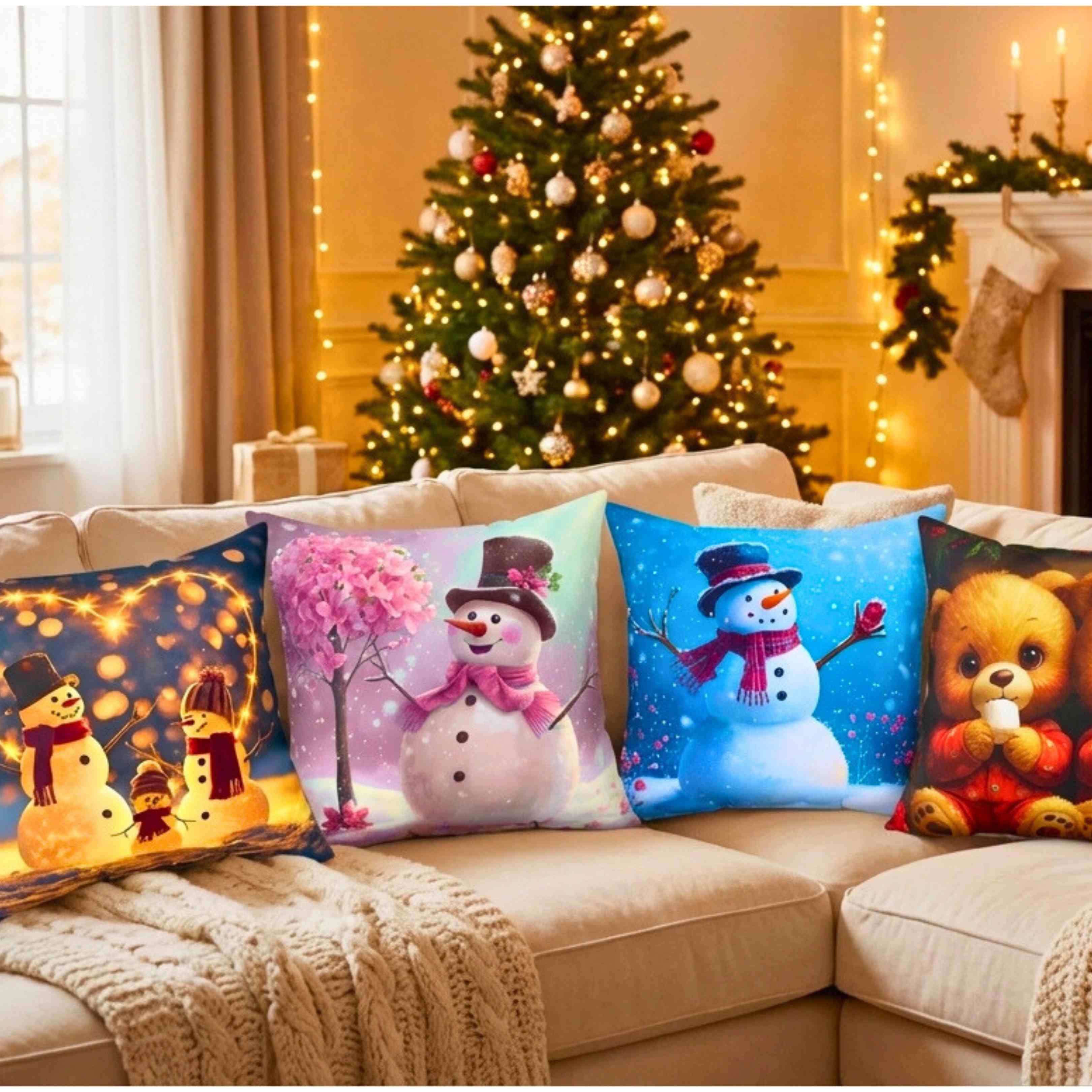 Custom Snowman Family Pillow – Snow Family in Front of Glowing Heart with Lights & Snowfall – Personalized Christmas Throw Cushion Gift product thumbnail image Custom Snowman Family Pillow – Snow Family in Front of Glowing Heart with Lights & Snowfall – Personalized Christmas Throw Cushion Gift product thumbnail image