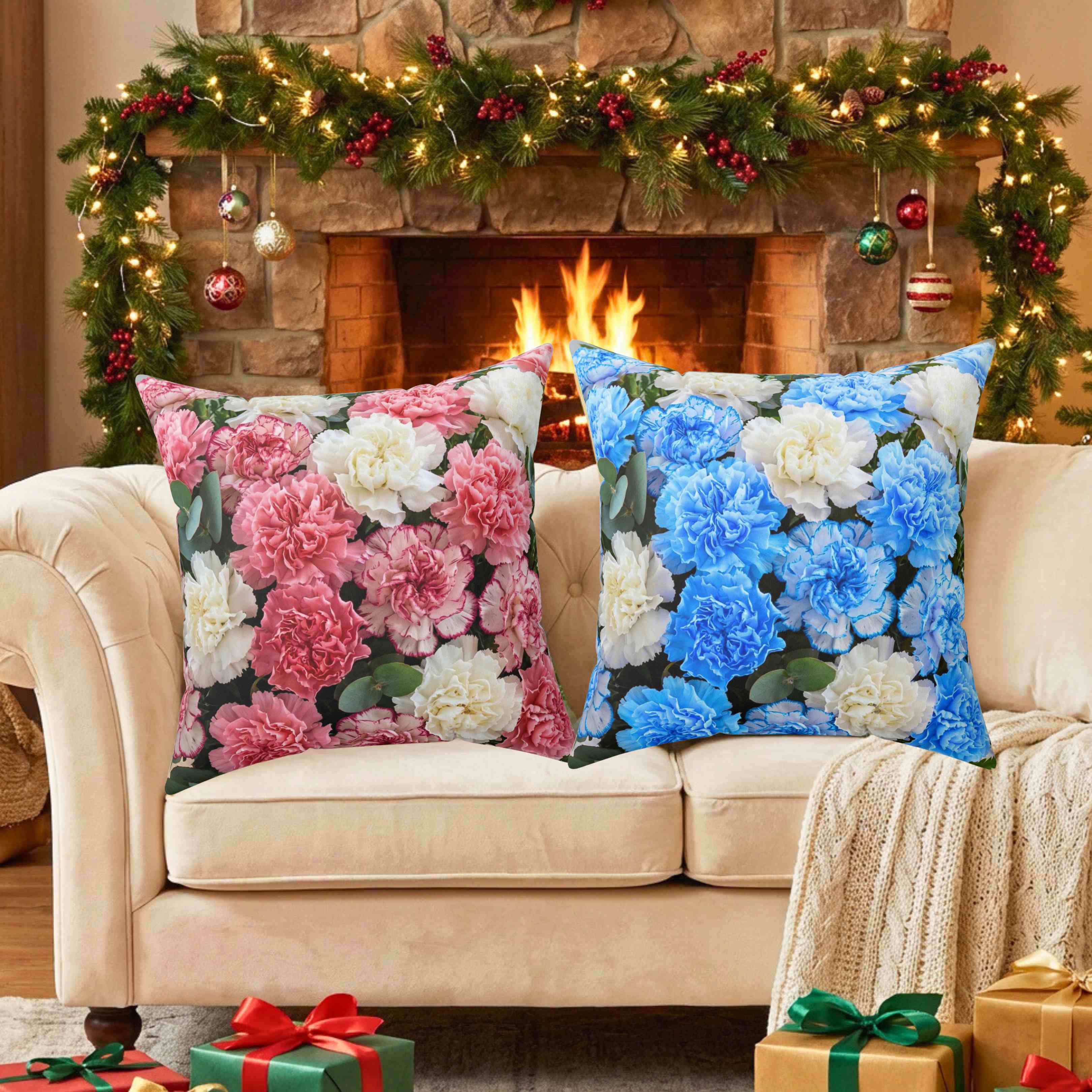 Pink and Creme Floral Print Pillow | Square Decorative Pillow product thumbnail image