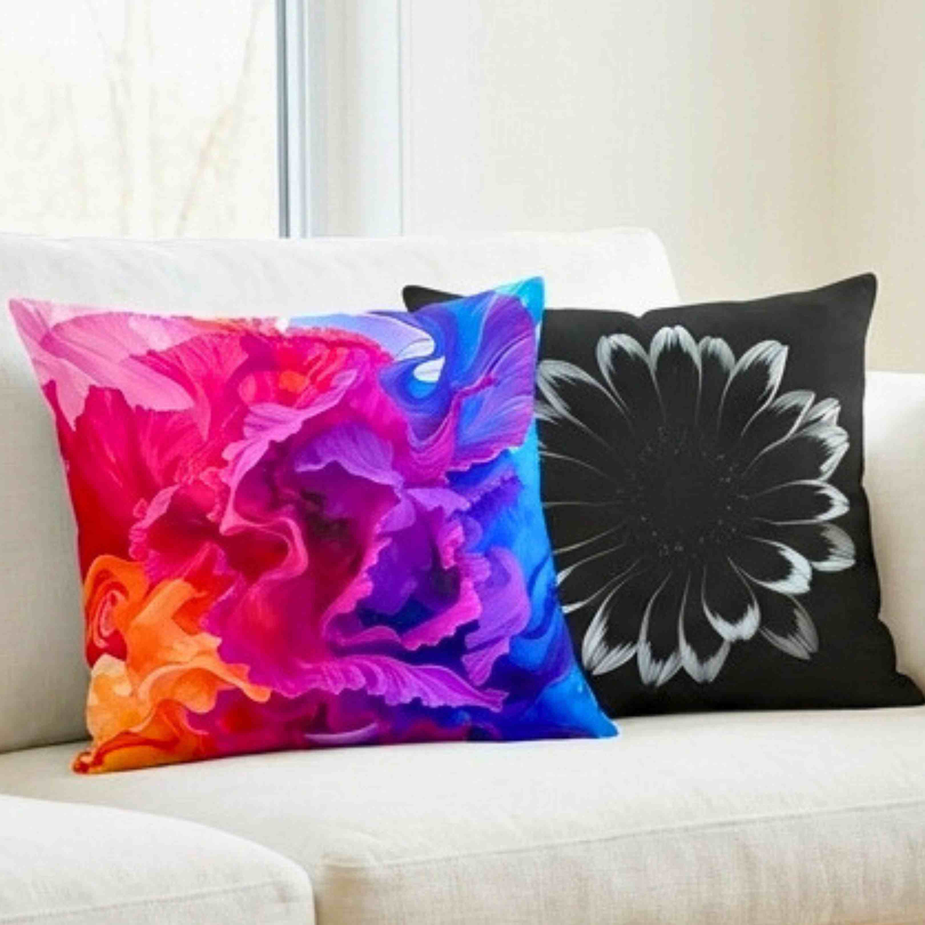 Black Floral Decorative Pillow - Modern Home Accent, Cozy Living Room Cushion, Unique Gift Idea, Seasonal Decor, Floral Design product thumbnail image