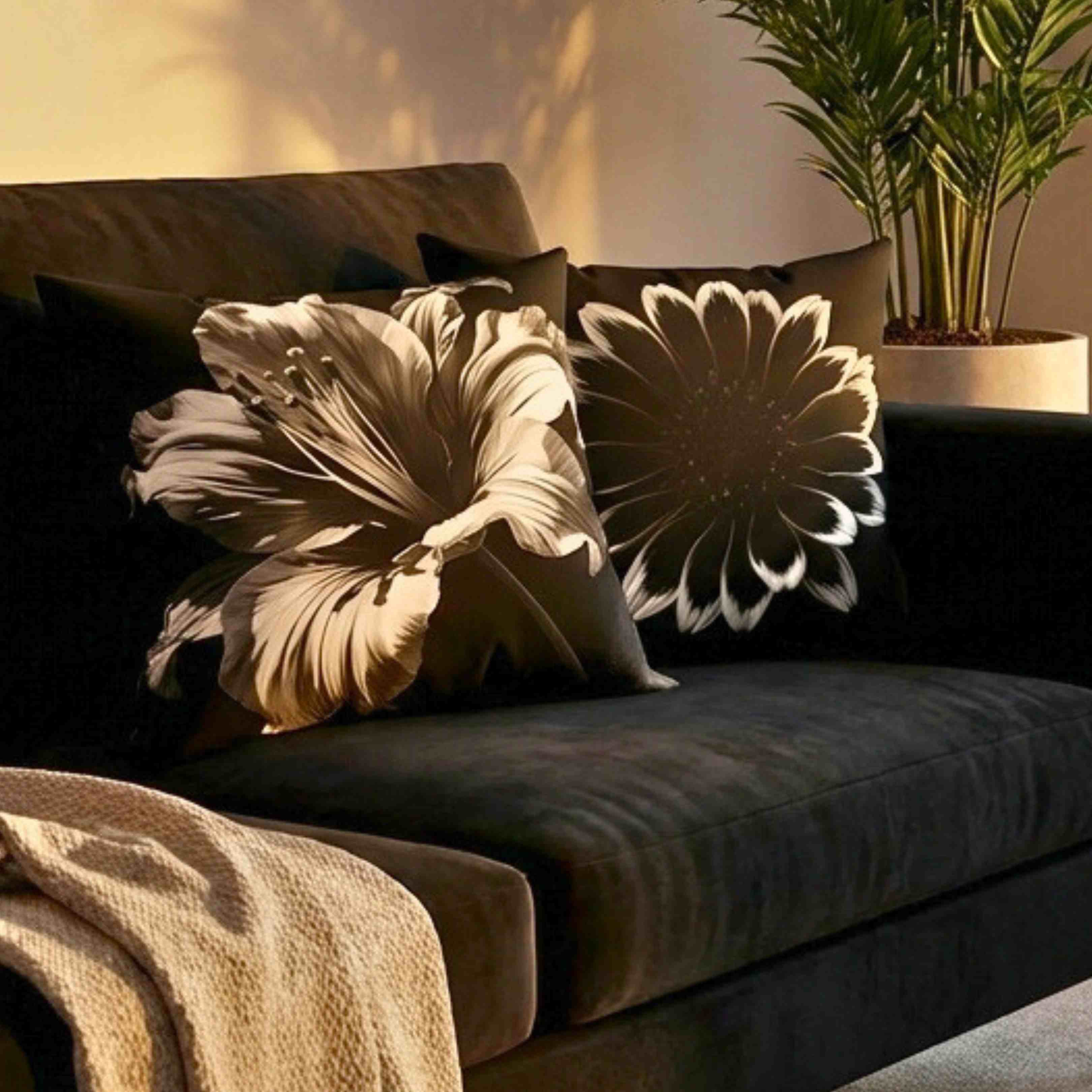 Black Floral Decorative Pillow - Modern Home Accent, Cozy Living Room Cushion, Unique Gift Idea, Seasonal Decor, Floral Design product thumbnail image