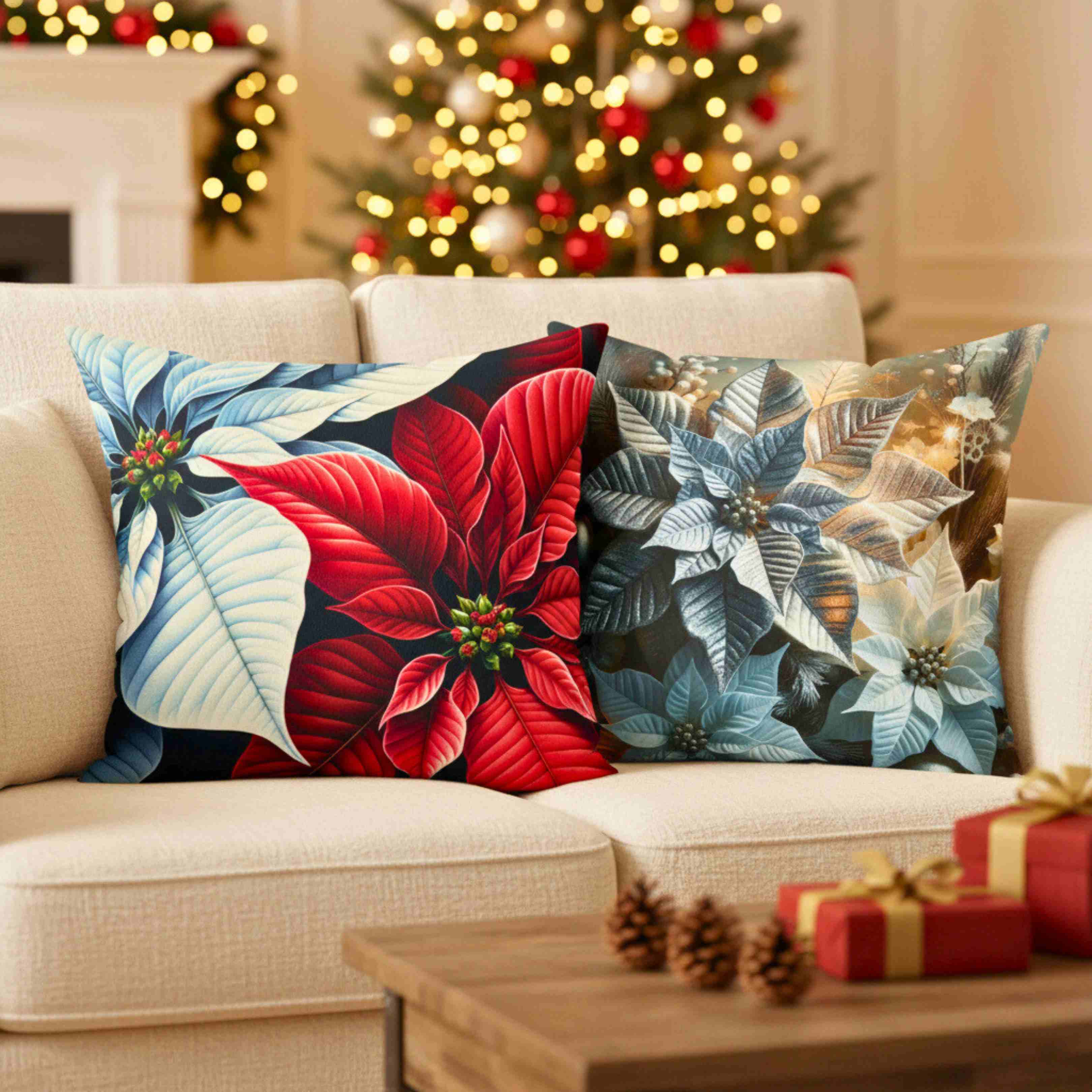 Poinsettia Floral Throw Pillow, Poinsettia Decor, Home Accent, Holiday Decoration, Gift for Her, Cozy Living Room product thumbnail image