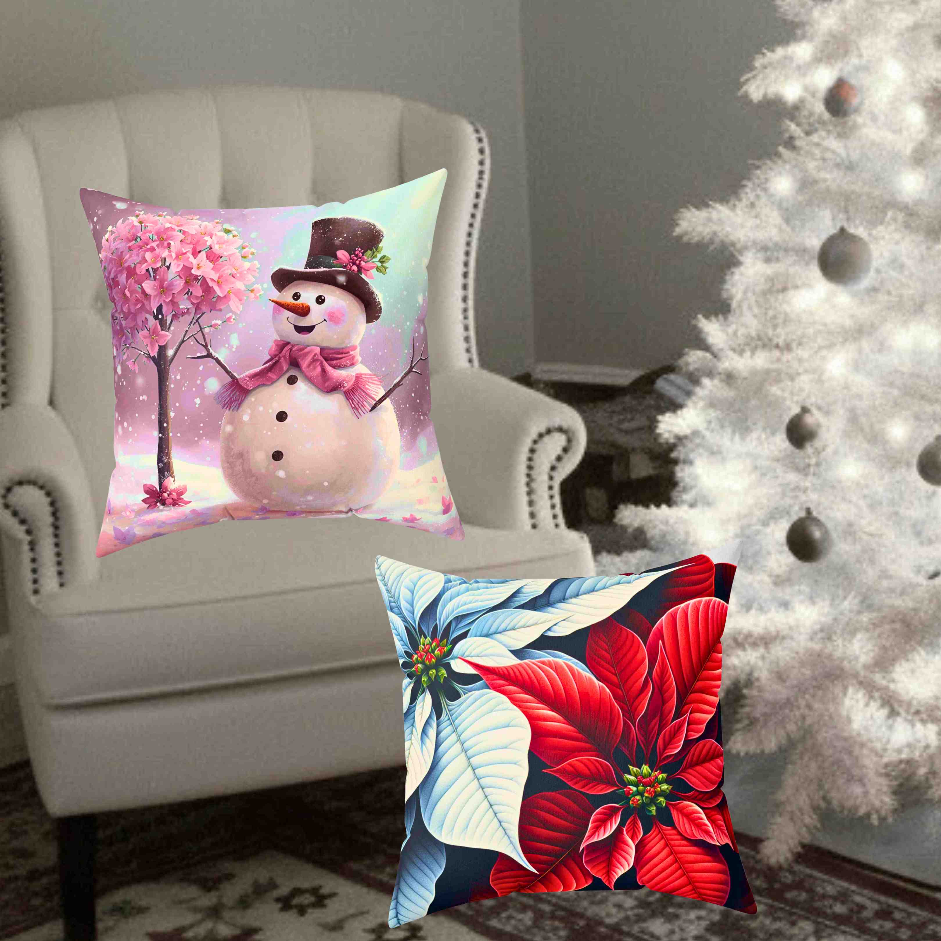 Poinsettia Floral Throw Pillow, Poinsettia Decor, Home Accent, Holiday Decoration, Gift for Her, Cozy Living Room product thumbnail image