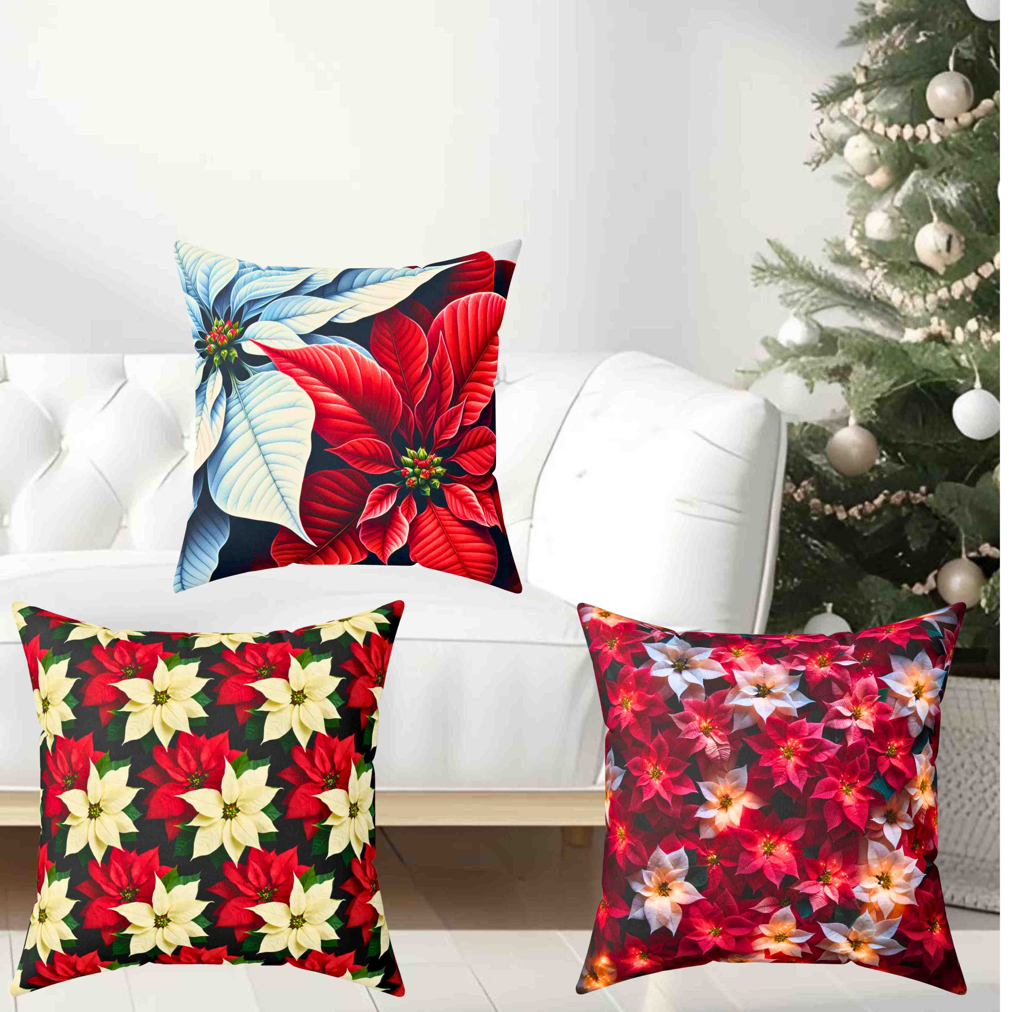 Poinsettia Floral Throw Pillow, Poinsettia Decor, Home Accent, Holiday Decoration, Gift for Her, Cozy Living Room product thumbnail image