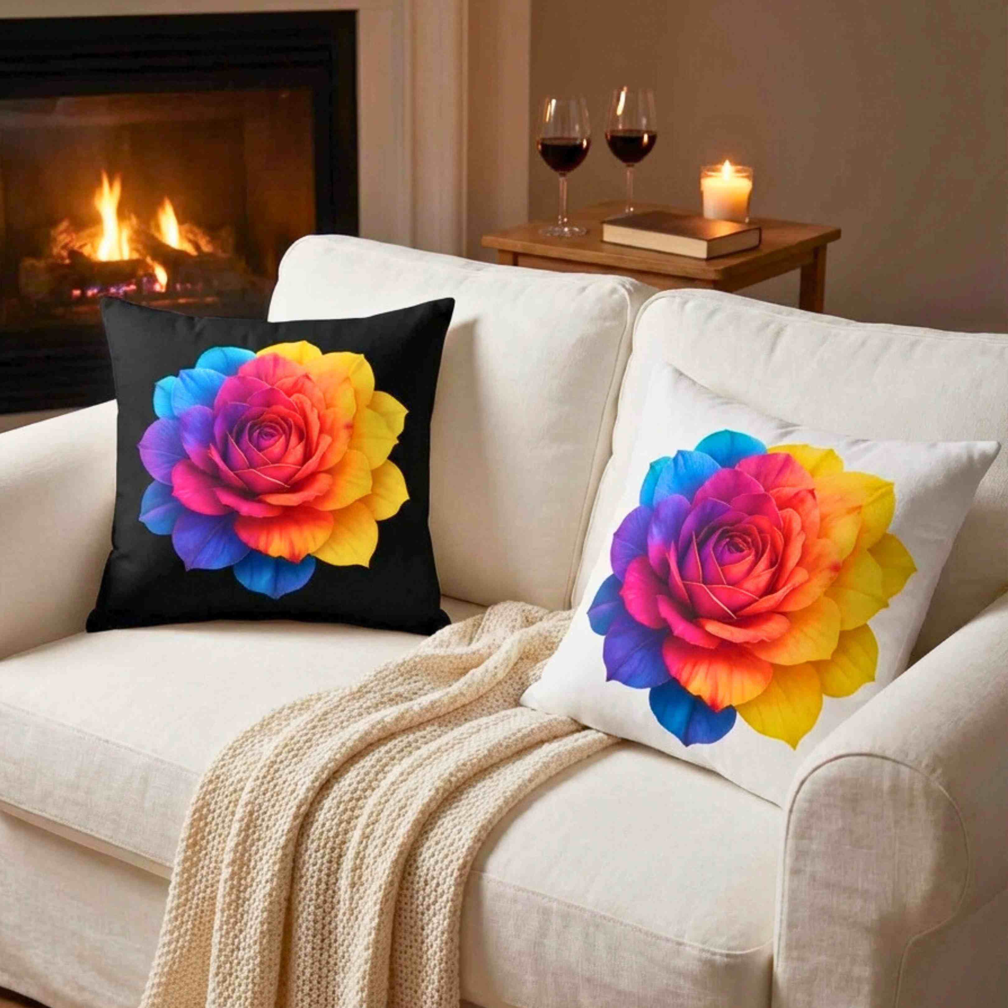 Prism Rose Floral Pillow Cover – Vibrant Rainbow Rose on White, Double-Sided, Elegant Accent Pillow for Living Room or Bedroom product thumbnail image