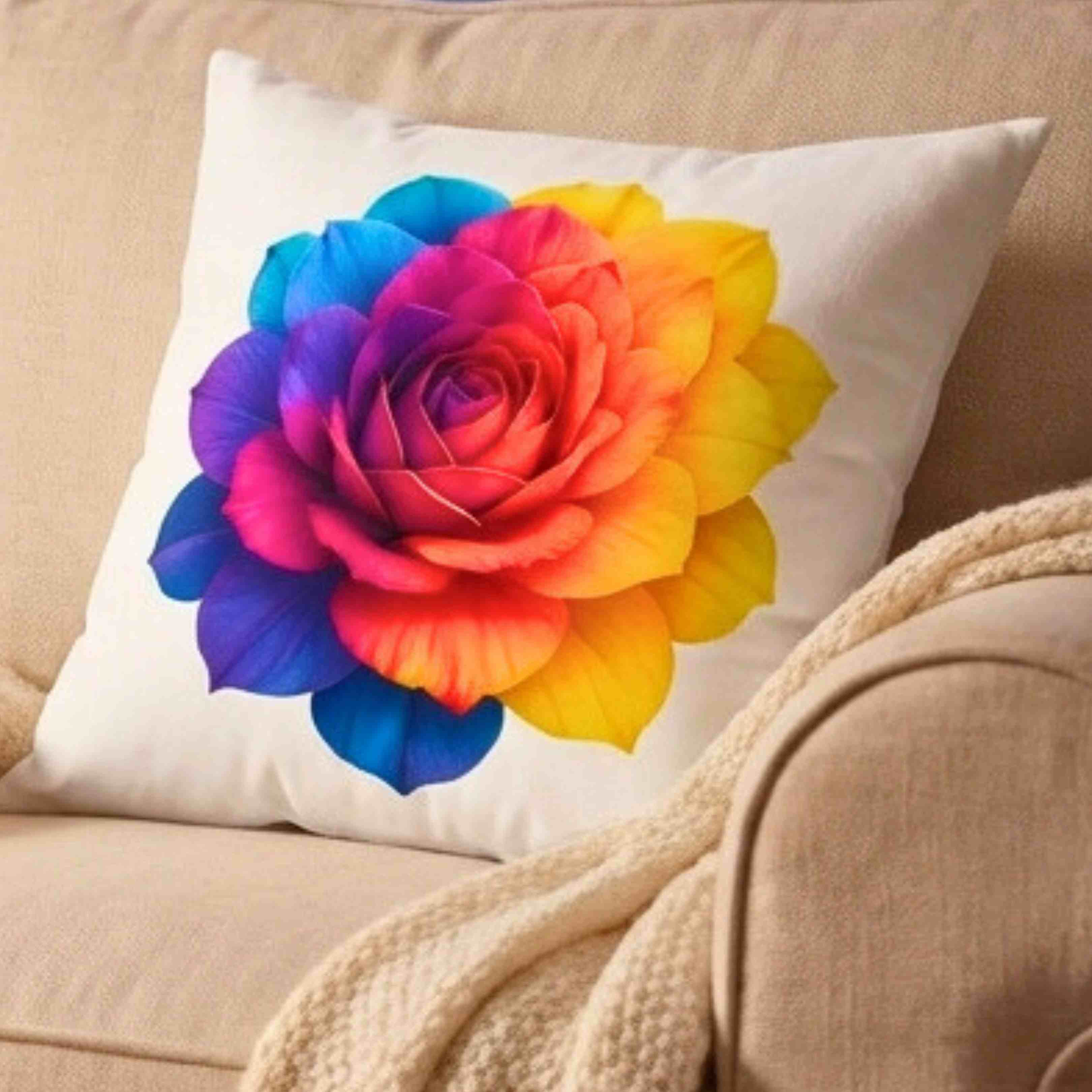 Prism Rose Floral Pillow Cover – Vibrant Rainbow Rose on White, Double-Sided, Elegant Accent Pillow for Living Room or Bedroom