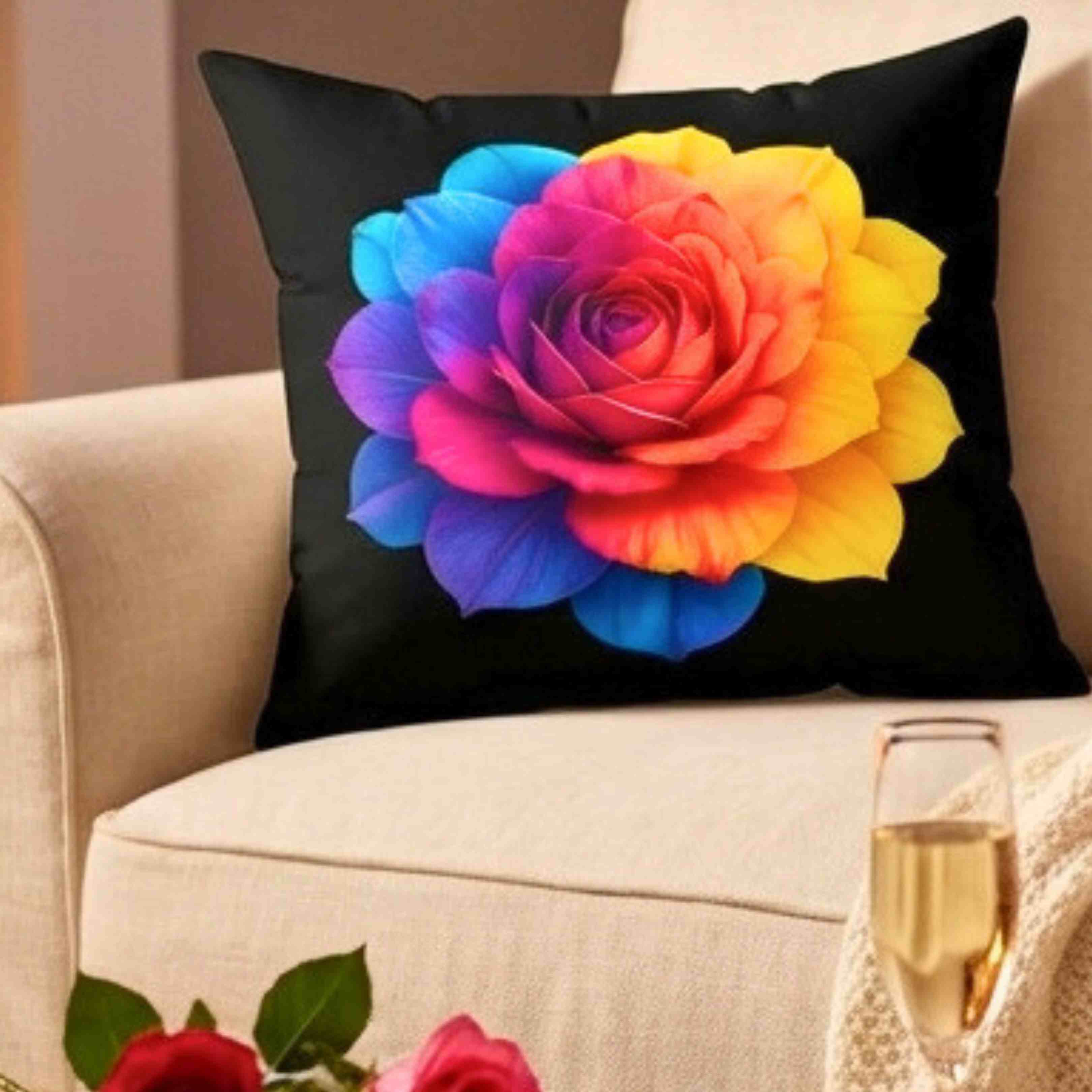 Prism Rose Decorative Pillow – Luxe Floral Art on Black Canvas, Double-Sided Accent Pillow for Modern Living Room or Bedroom" Gift for Flower Lovers, Home Accent product thumbnail image
