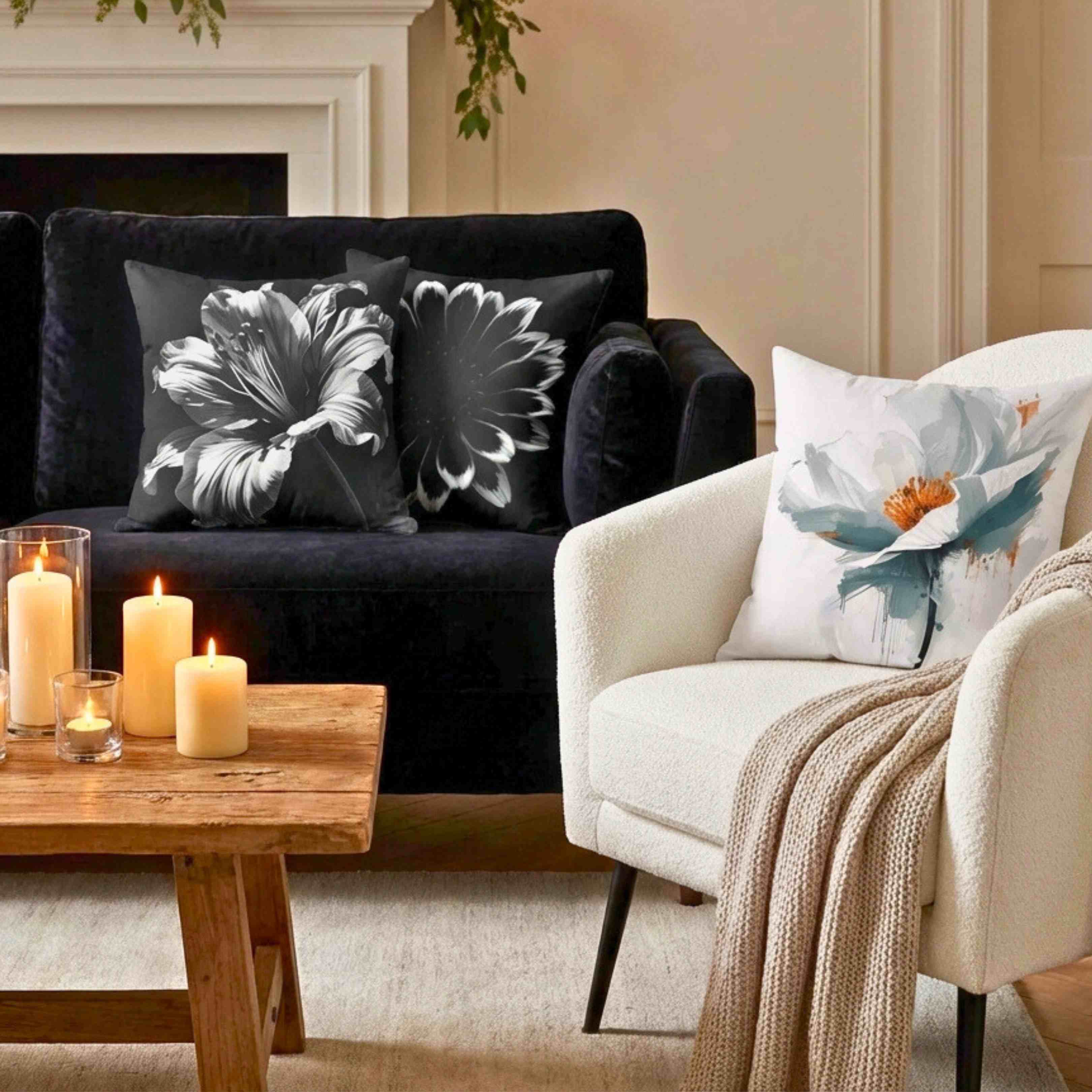 Monochromatic Elegant Black White Floral Throw Pillow, Black and White Decorative Cushion, Modern Home Decor, Gift for Her, Floral Accent Pillow product thumbnail image