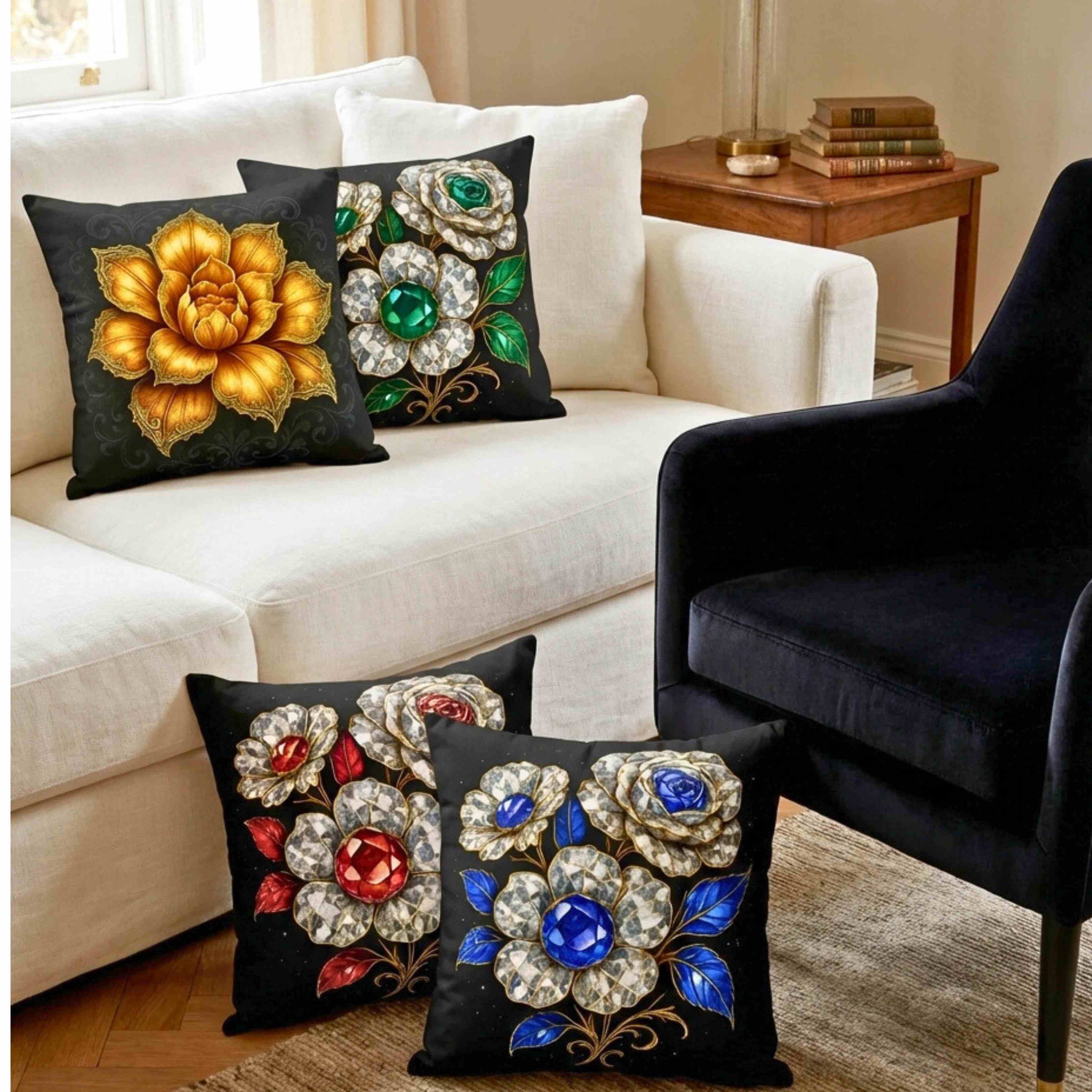 Vintage Emerald and Diamond Jewel Flower Pillow | Decorative Square Pillow product thumbnail image