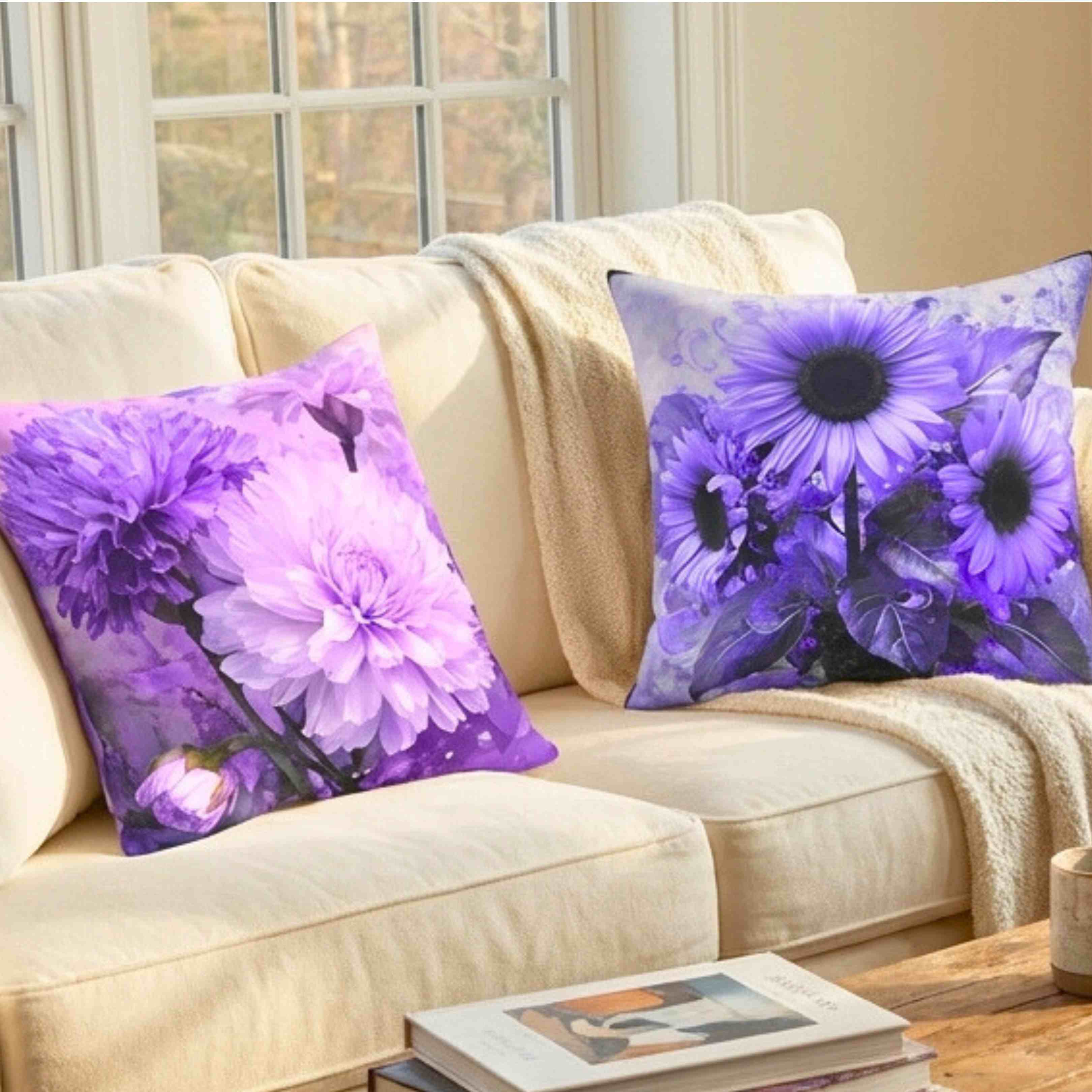 Purple Floral Decorative Pillow for Home Decor, Cozy Living Room Accent, Gift for Flower Lovers, Spring Decor, Sunflower Cushion product thumbnail image