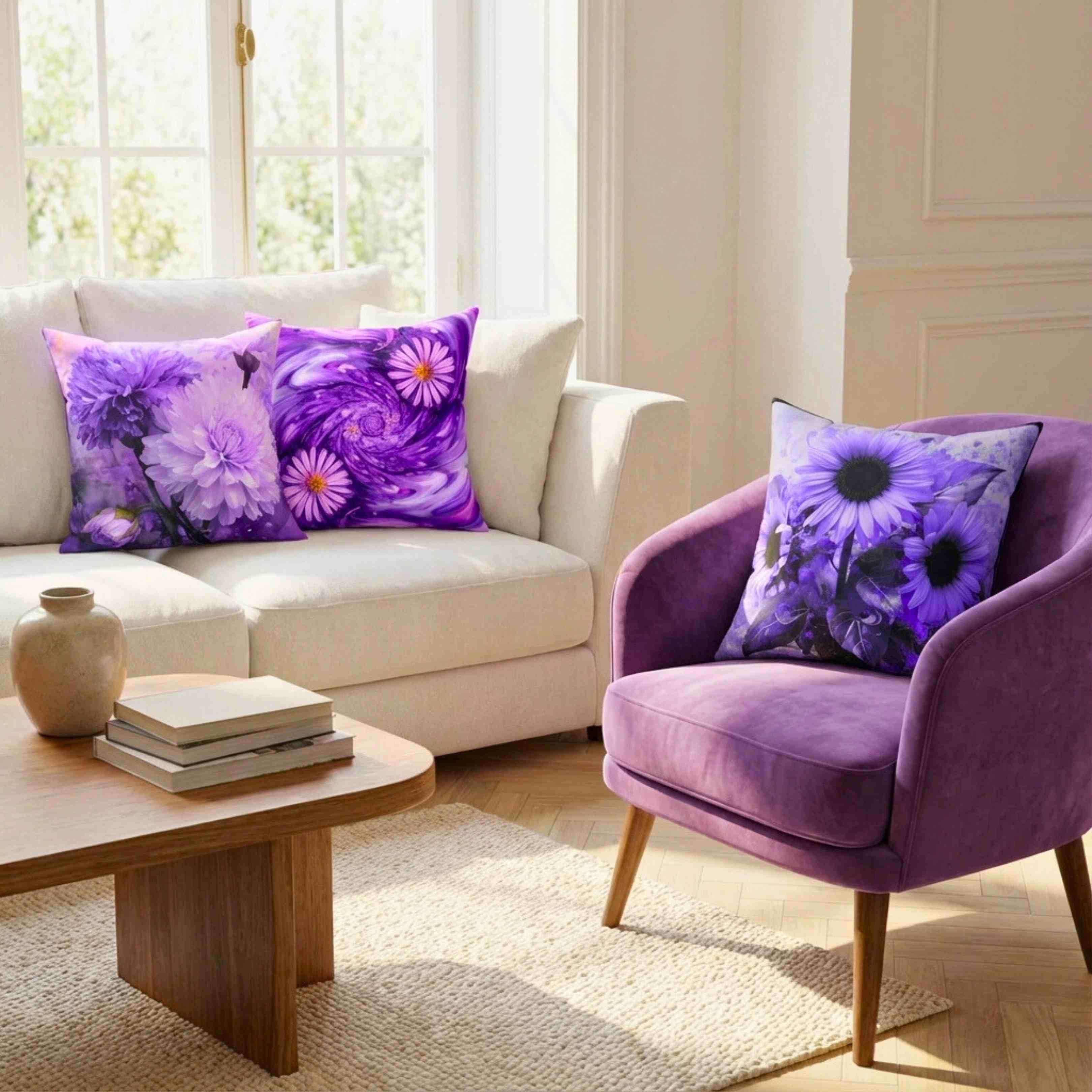 Purple Floral Decorative Pillow for Home Decor, Cozy Living Room Accent, Gift for Flower Lovers, Spring Decor, Sunflower Cushion product thumbnail image