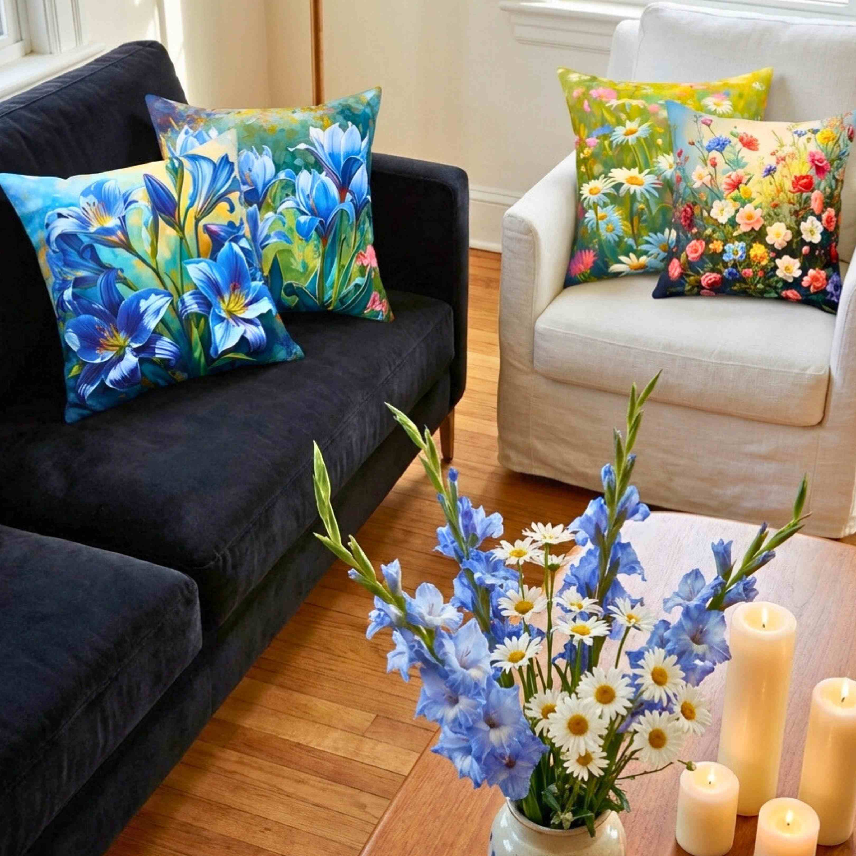 Blue Floral Decorative Pillow, Throw Pillow, Home Decor, Blue Flower Cushion, Gift for Her, Living Room Accent product thumbnail image