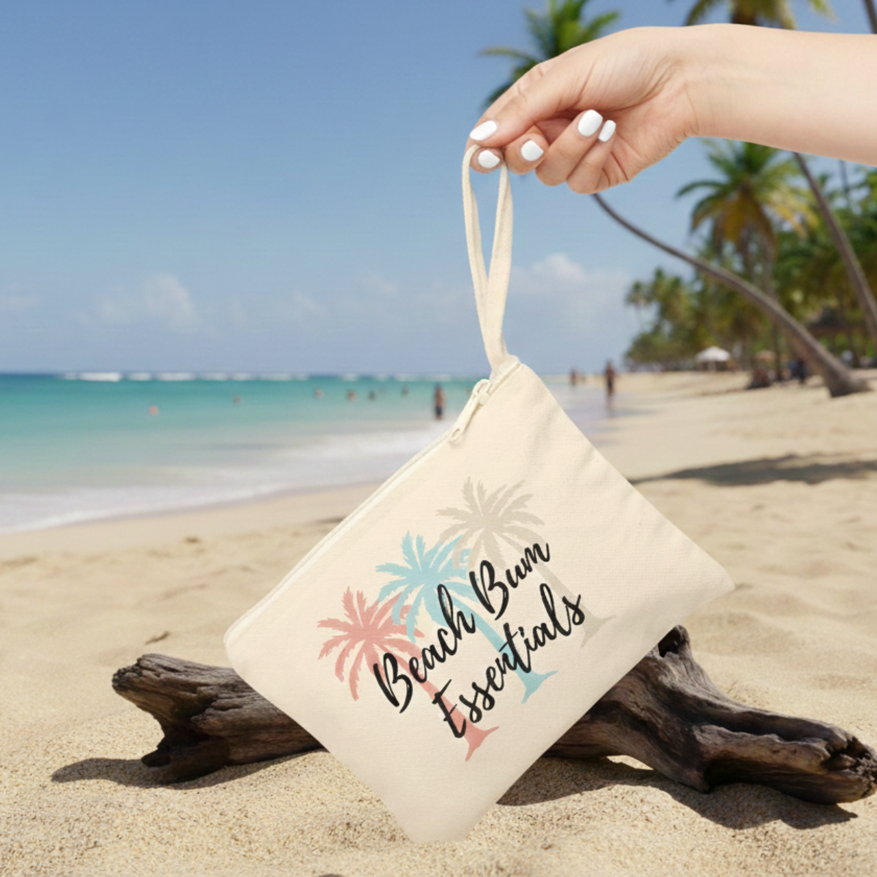 Beach Bum Essentials Pouch, Coastal Makeup Bag, Palm Tree Wallet, Summer Zipper Pouch, Beach Lover Gift, Travel Cosmetic Bag, Canvas Clutch product thumbnail image