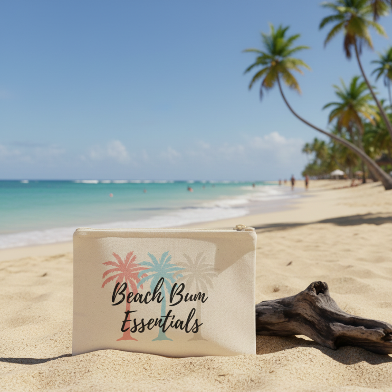 Beach Bum Essentials Pouch, Coastal Makeup Bag, Palm Tree Wallet, Summer Zipper Pouch, Beach Lover Gift, Travel Cosmetic Bag, Canvas Clutch product thumbnail image