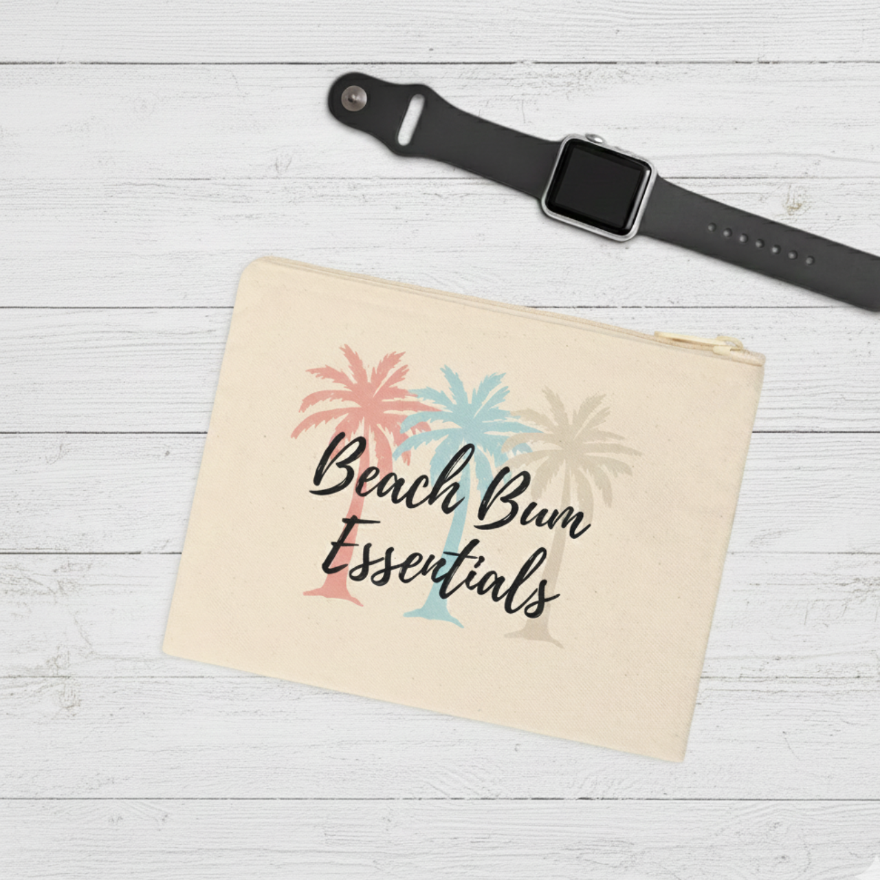 Beach Bum Essentials Pouch, Coastal Makeup Bag, Palm Tree Wallet, Summer Zipper Pouch, Beach Lover Gift, Travel Cosmetic Bag, Canvas Clutch product thumbnail image
