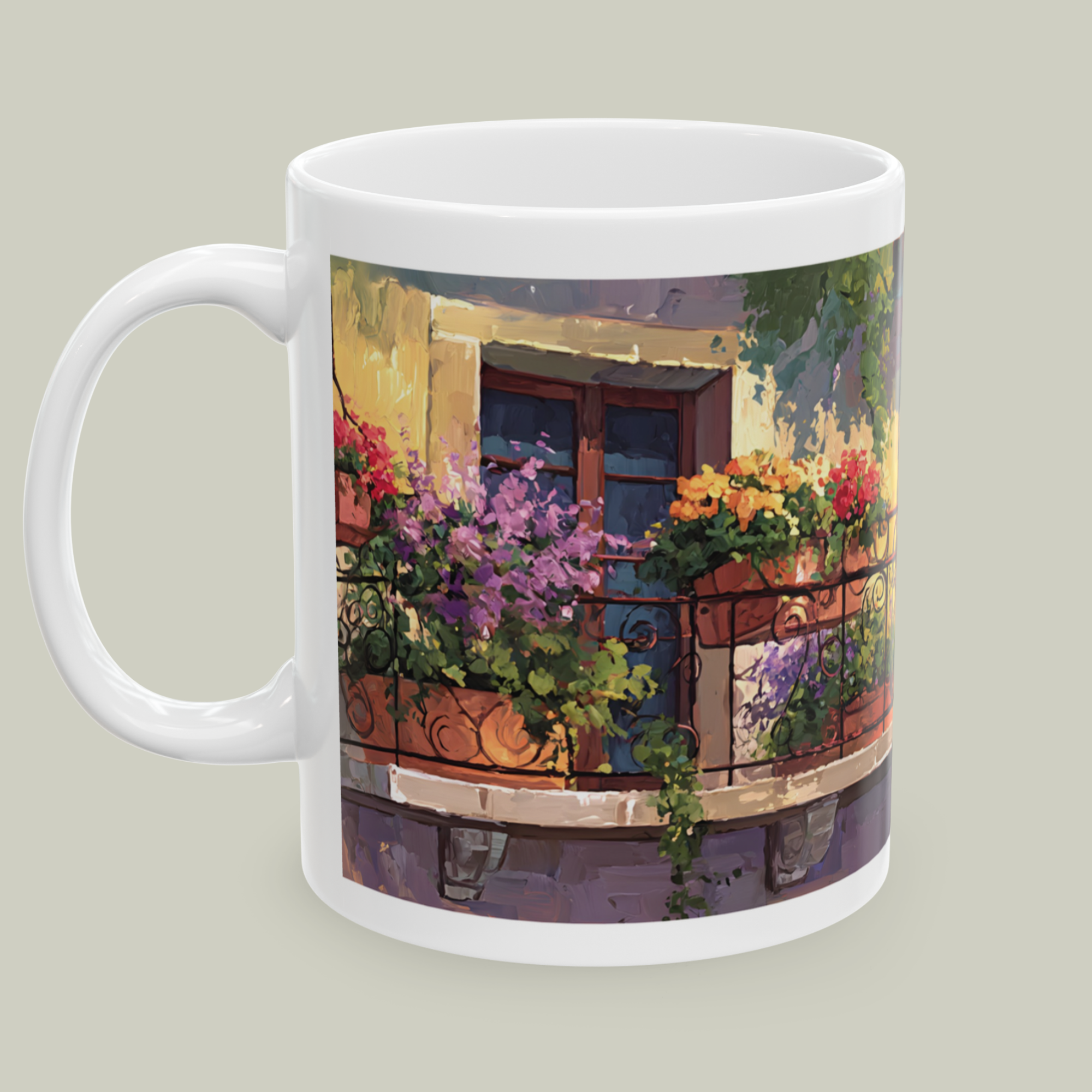 11oz Mediterranean Balcony Coffee Mug — Floral Window Scene  product thumbnail image