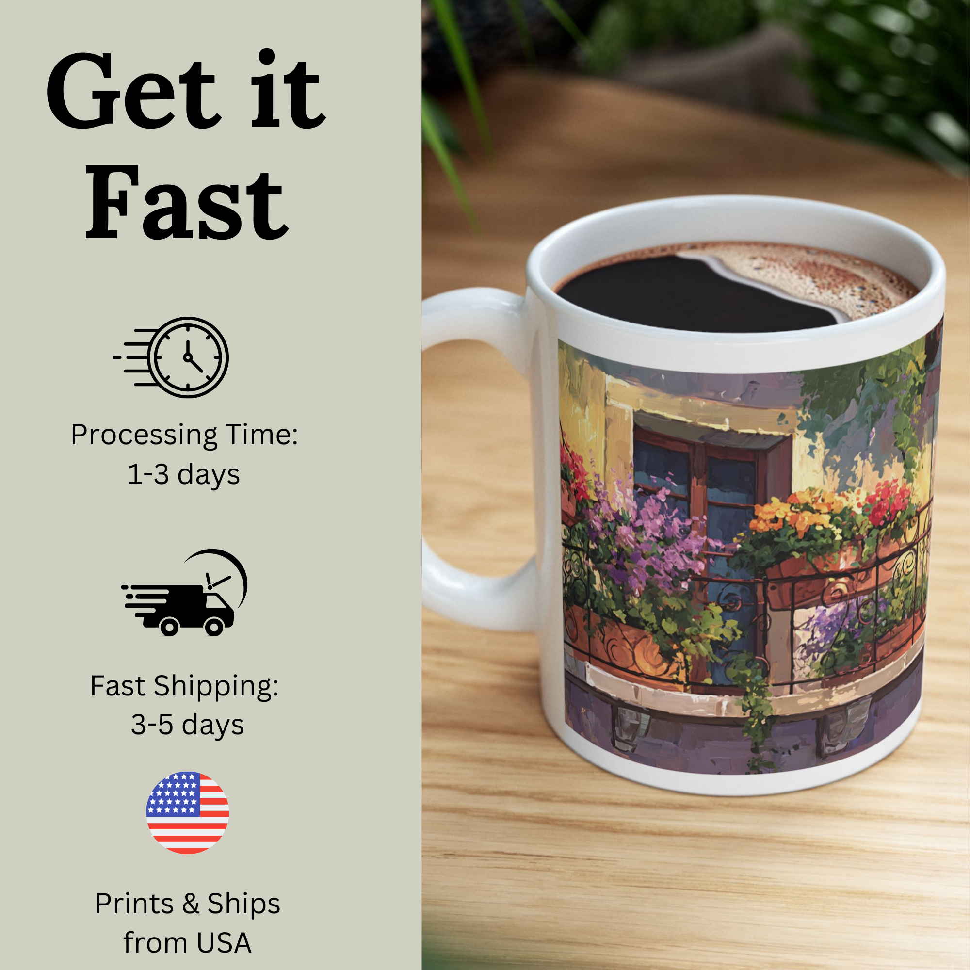 11oz Mediterranean Balcony Coffee Mug — Floral Window Scene  product thumbnail image