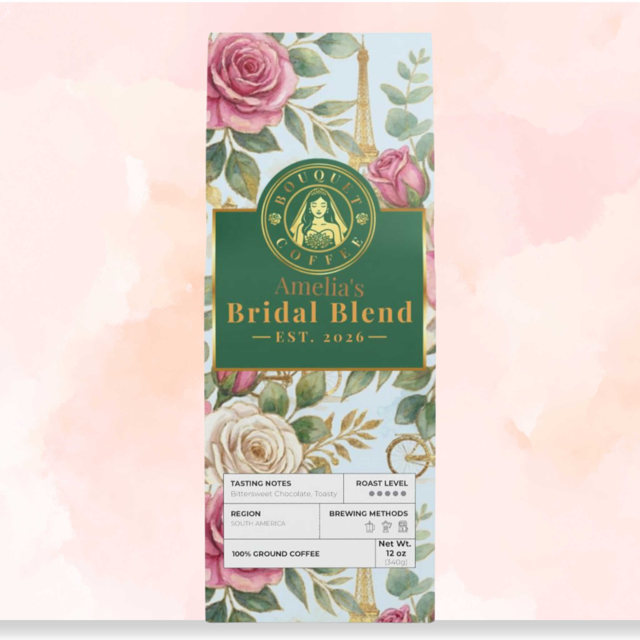 Personalized "Bridal Blend" by Bouquet Coffee – Dark French Roast (12oz) Personalized "Bridal Blend" by Bouquet Coffee – Dark French Roast (12oz)