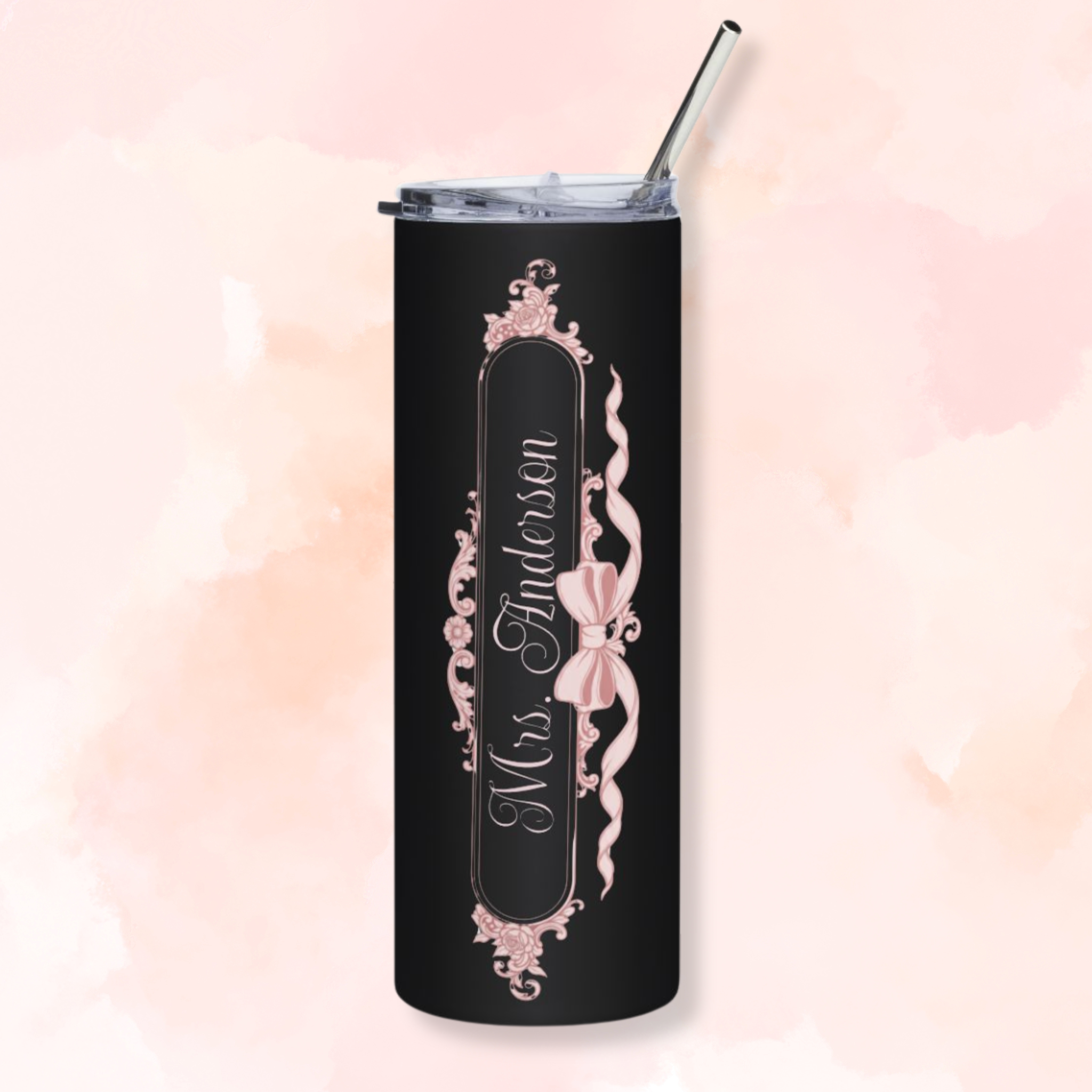 20oz Stainless Tumbler — Elegant Black &amp; Rose Gold Bow Design