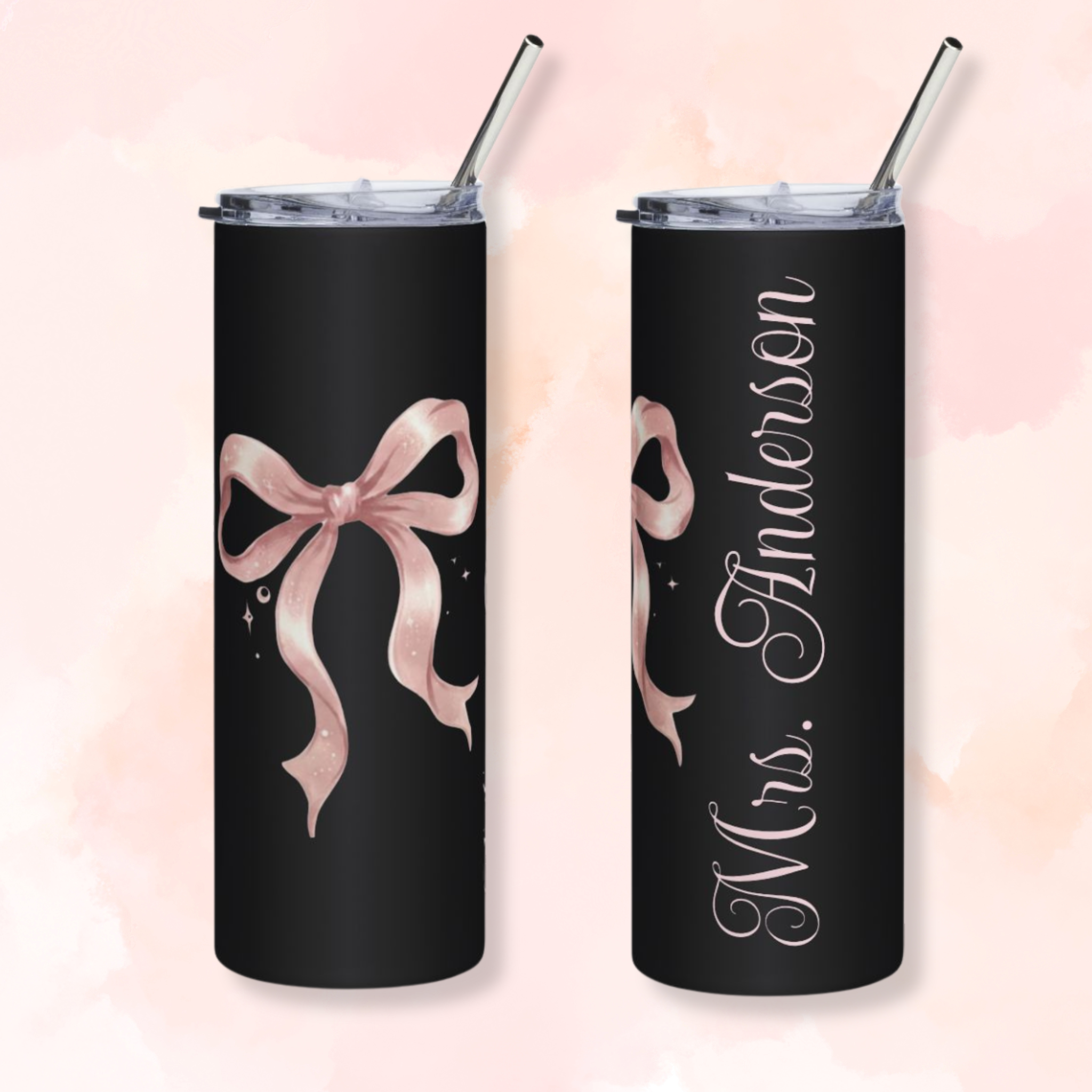 20oz Stainless Steel Tumbler — Rose Gold Ribbon Design, Slim Travel Cup product thumbnail image