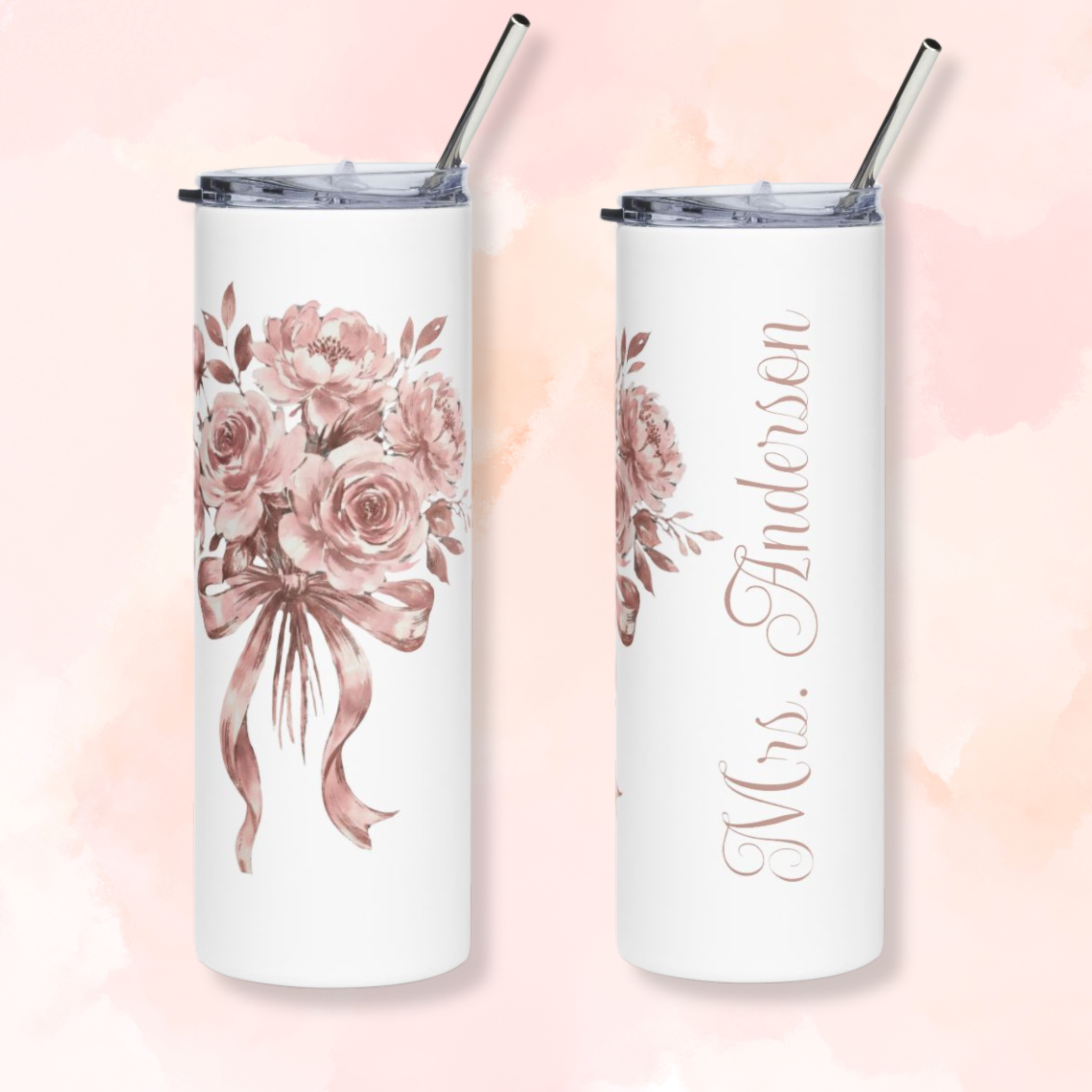 20oz Floral Bouquet Stainless Steel Tumbler – Pink Rose Ribbon Travel Cup