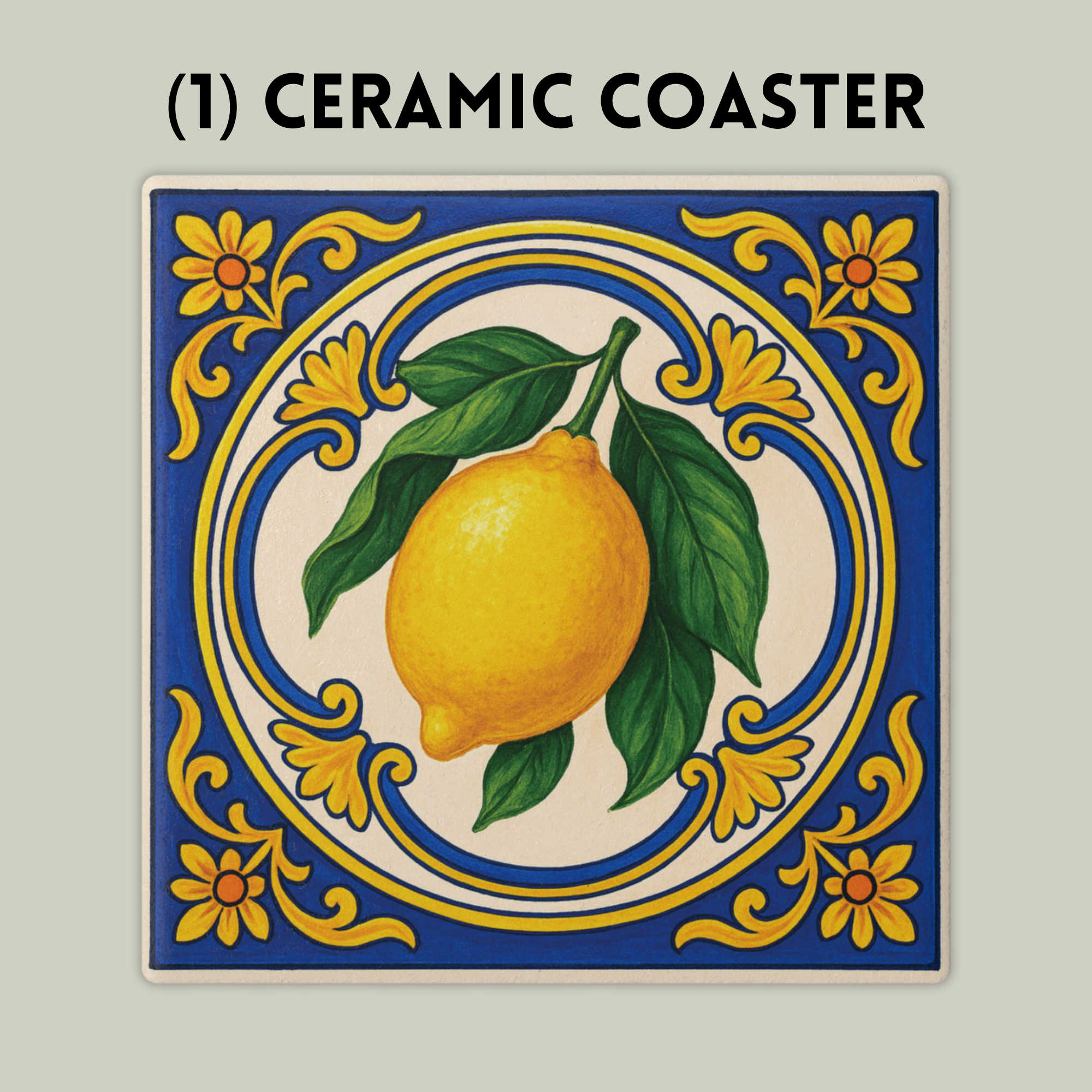 Coaster: Italian Lemon & Blue Tile Ceramic — Mediterranean product thumbnail image Coaster: Italian Lemon & Blue Tile Ceramic — Mediterranean product thumbnail image