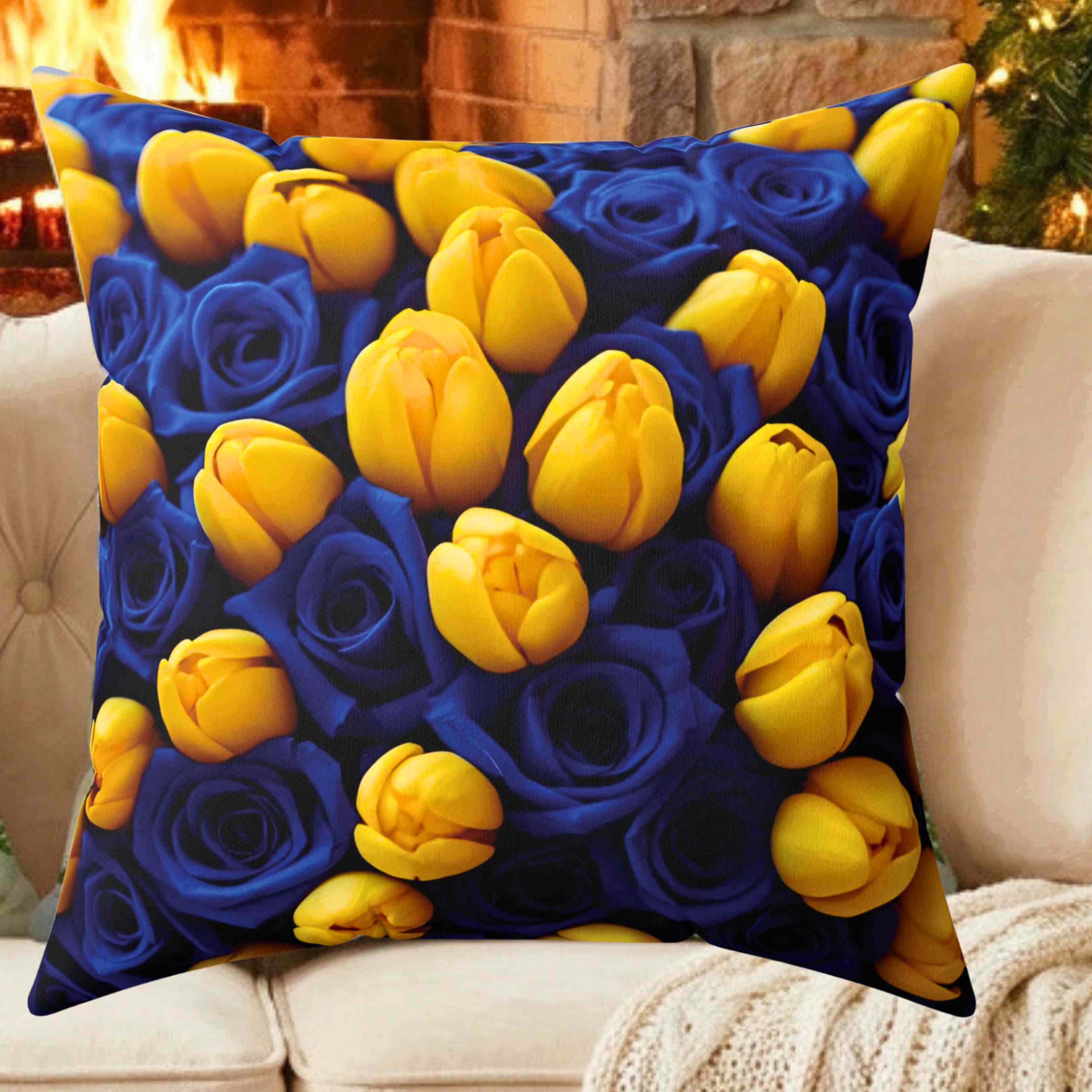 Yellow Tulips on Blue Floral Pillow | Botanical Throw Cushion product thumbnail image