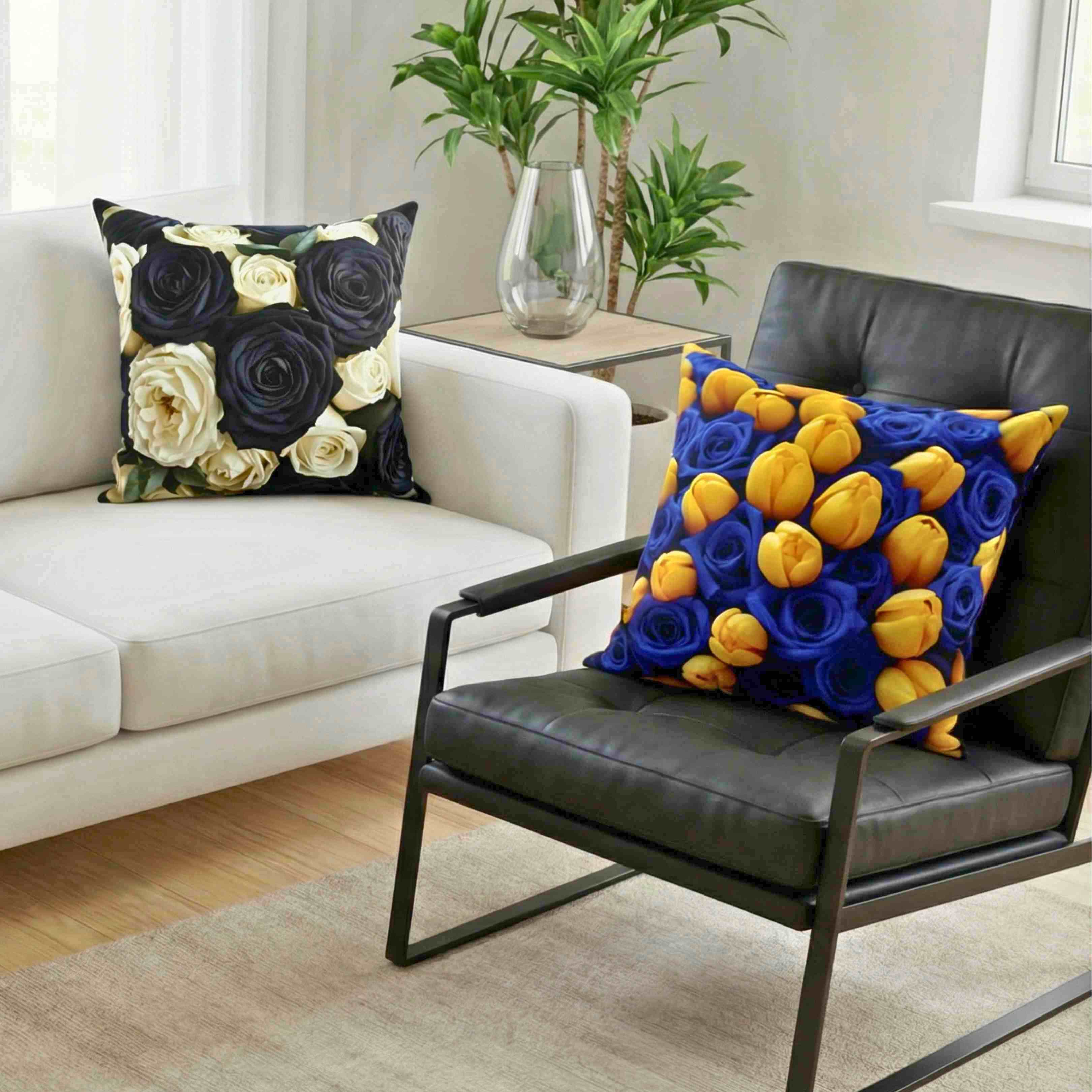 Yellow Tulips on Blue Floral Pillow | Botanical Throw Cushion product thumbnail image