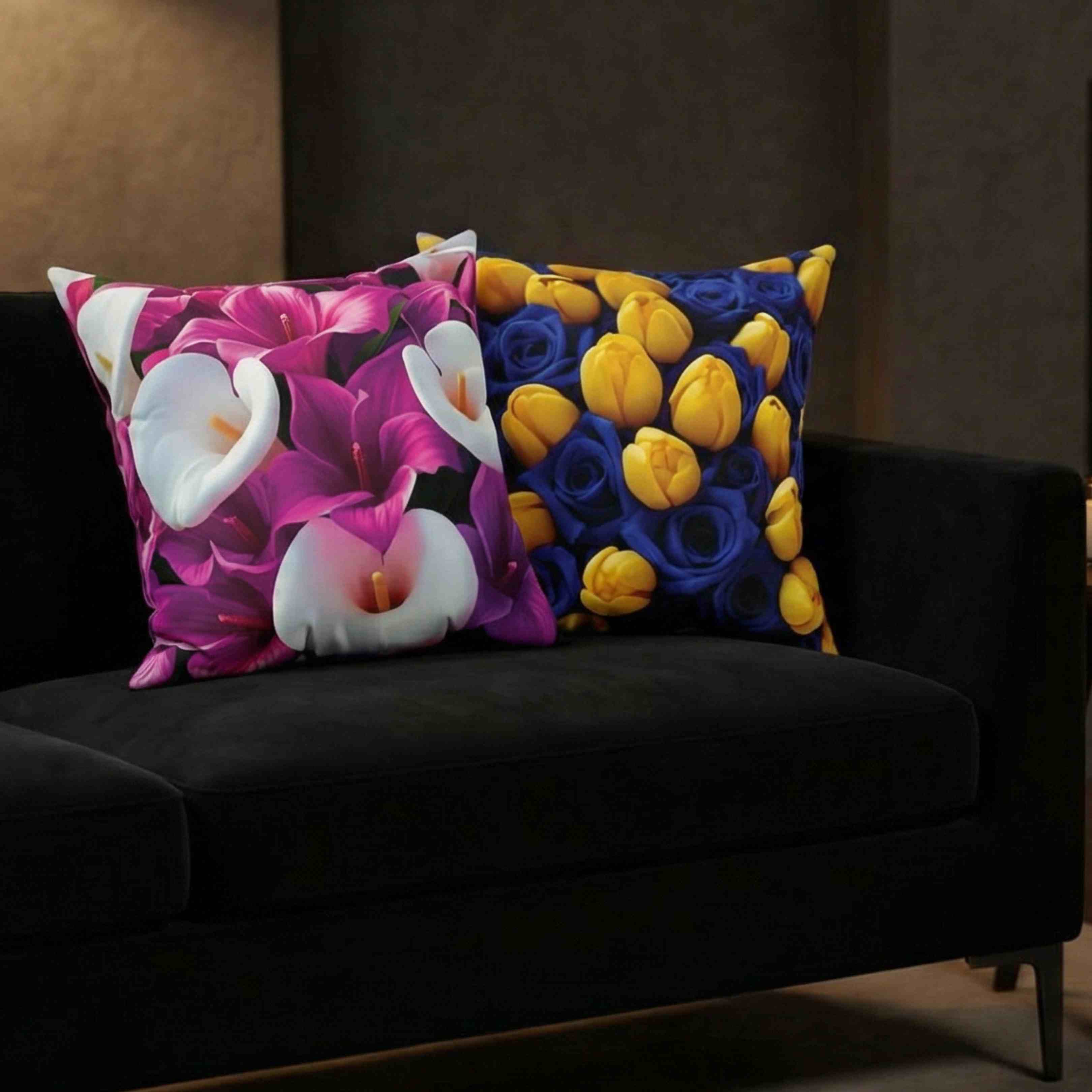 Yellow Tulips on Blue Floral Pillow | Botanical Throw Cushion product thumbnail image