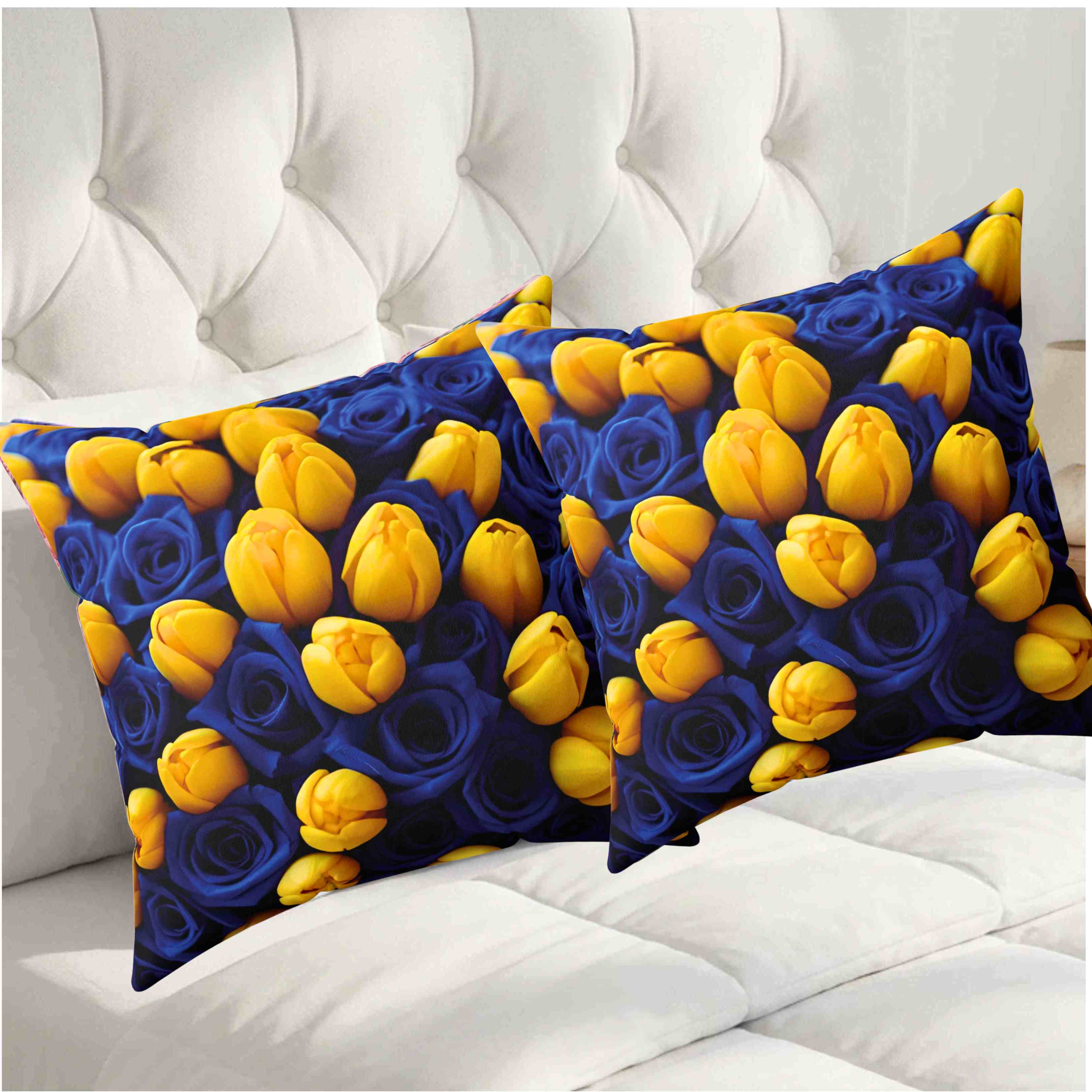 Yellow Tulips on Blue Floral Pillow | Botanical Throw Cushion product thumbnail image