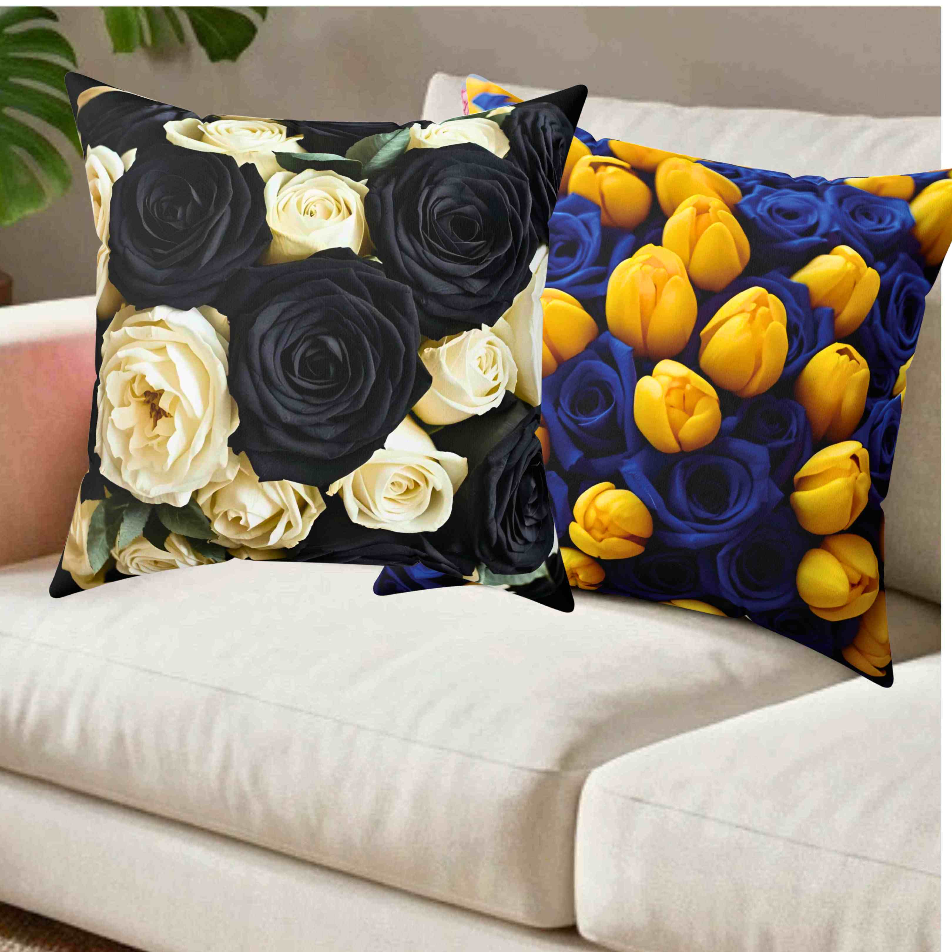 Yellow Tulips on Blue Floral Pillow | Botanical Throw Cushion product thumbnail image