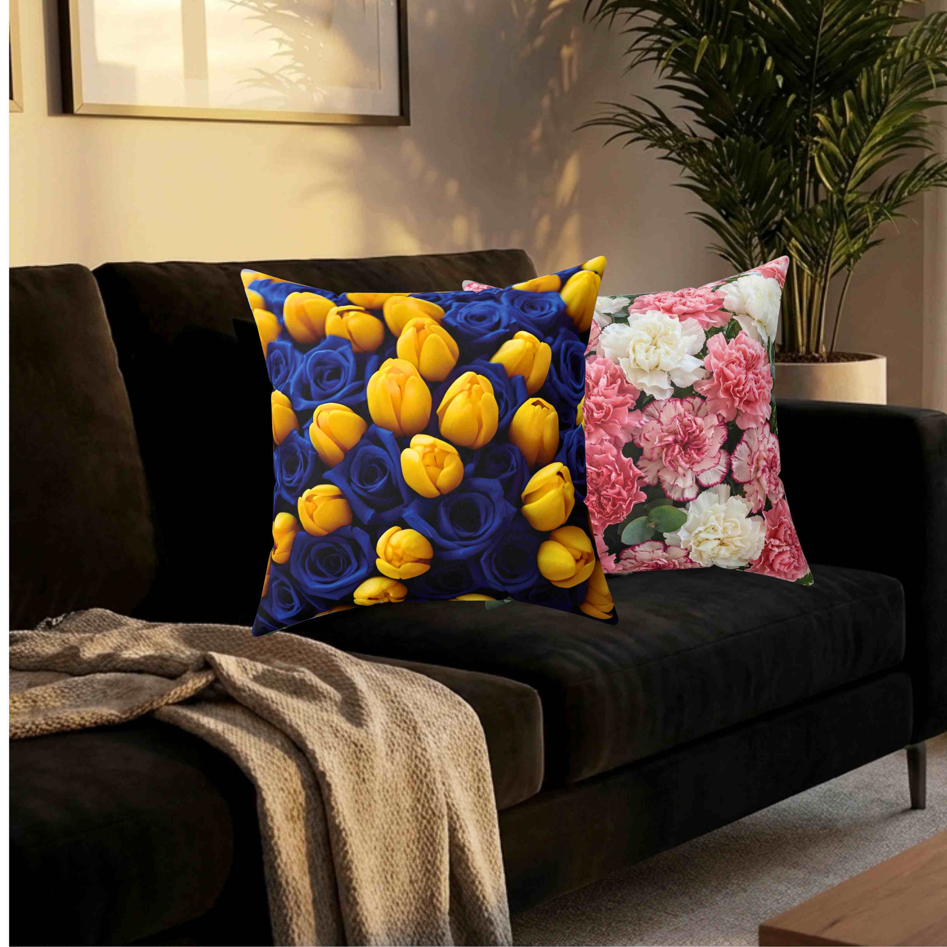 Yellow Tulips on Blue Floral Pillow | Botanical Throw Cushion product thumbnail image