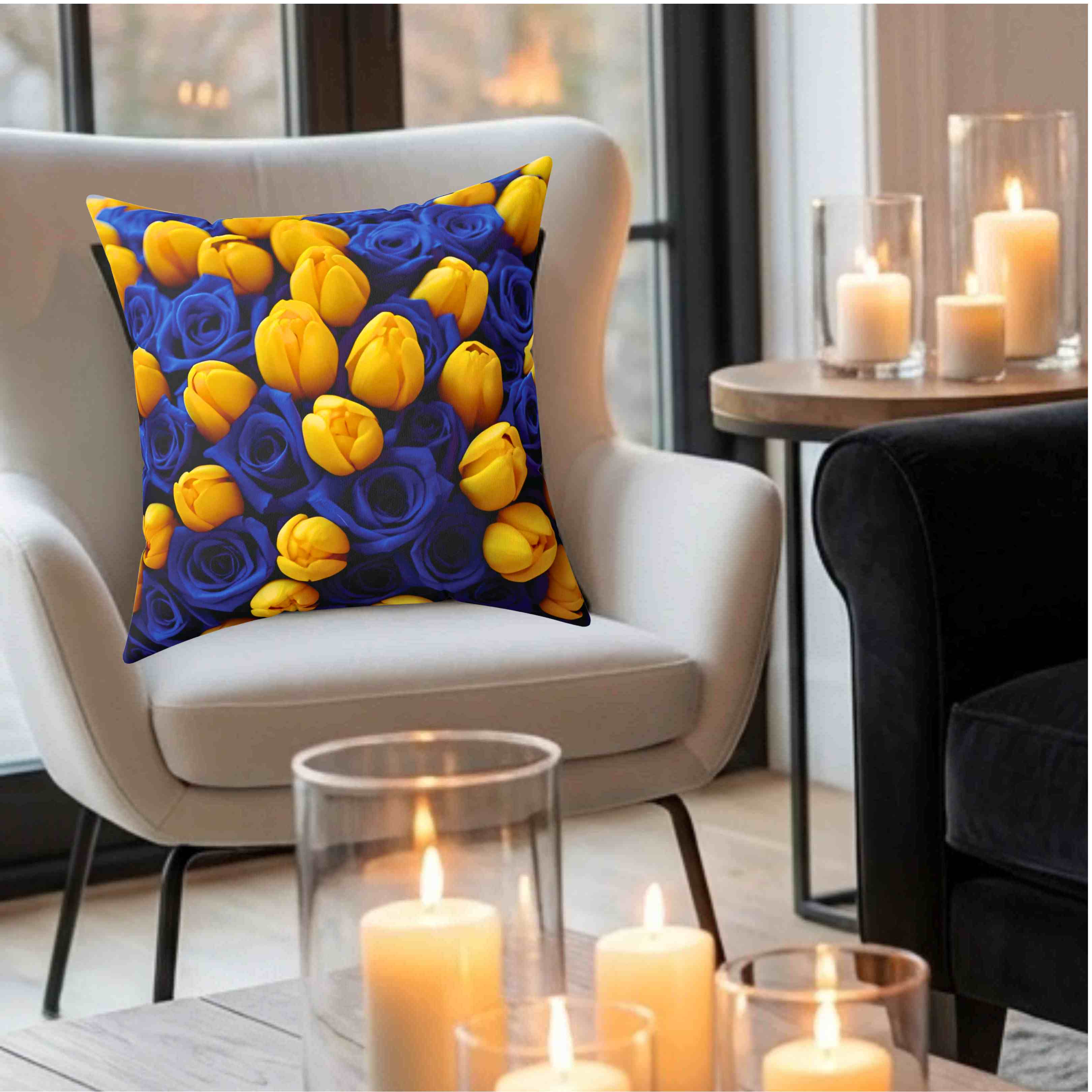 Yellow Tulips on Blue Floral Pillow | Botanical Throw Cushion product thumbnail image