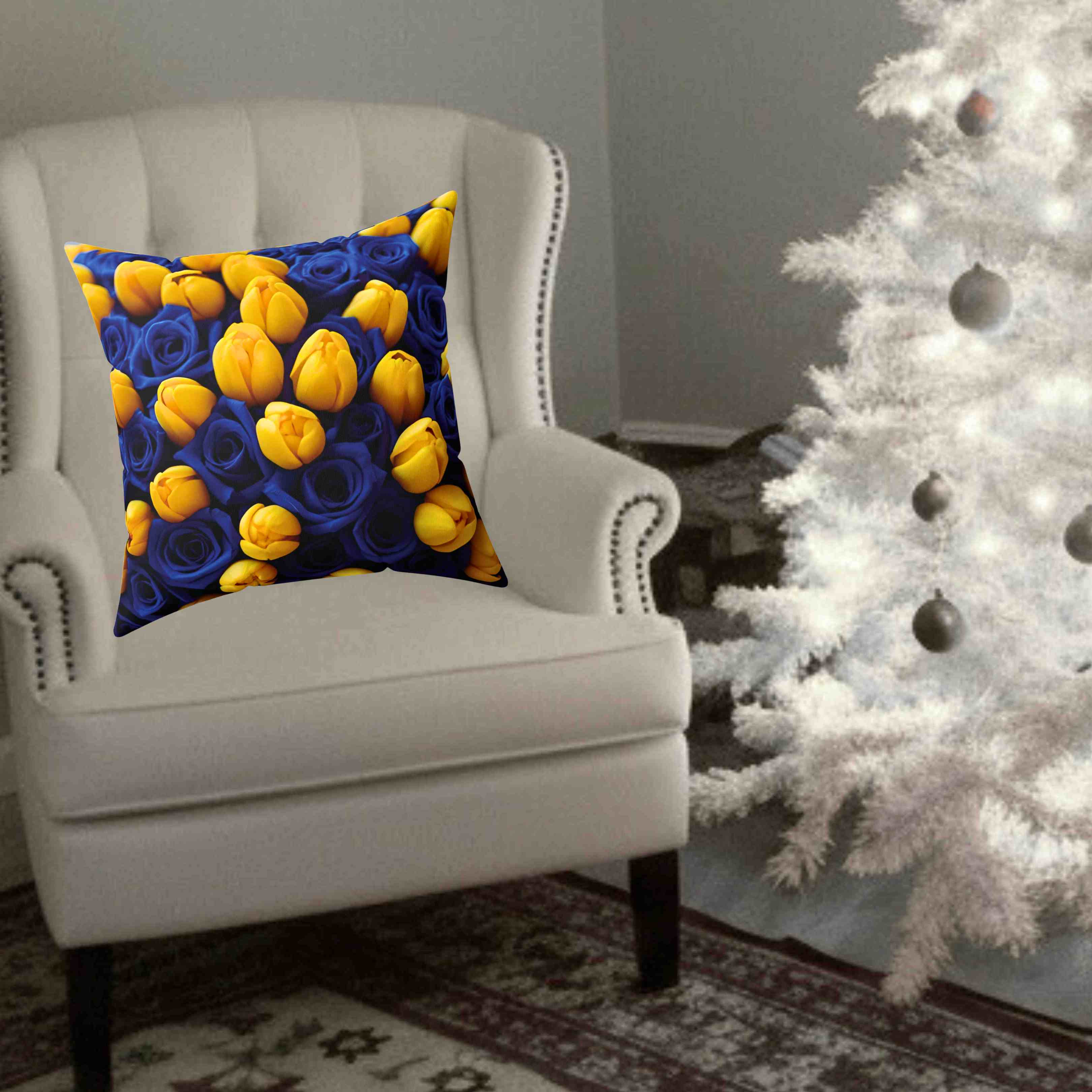 Yellow Tulips on Blue Floral Pillow | Botanical Throw Cushion product thumbnail image