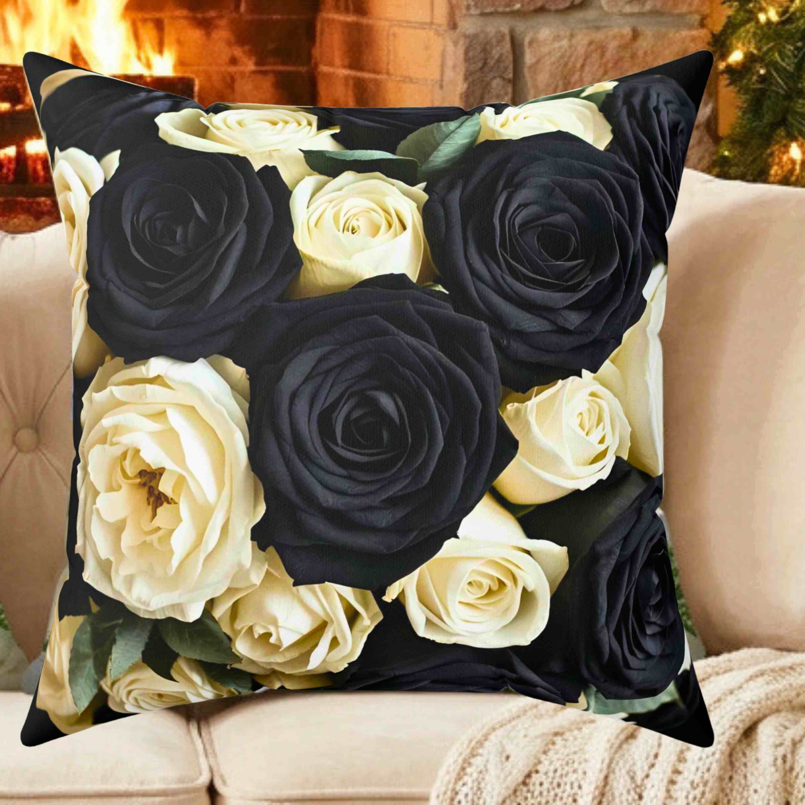 Black and Ivory Roses Square Pillow | Floral Decorative Throw Cushion product thumbnail image