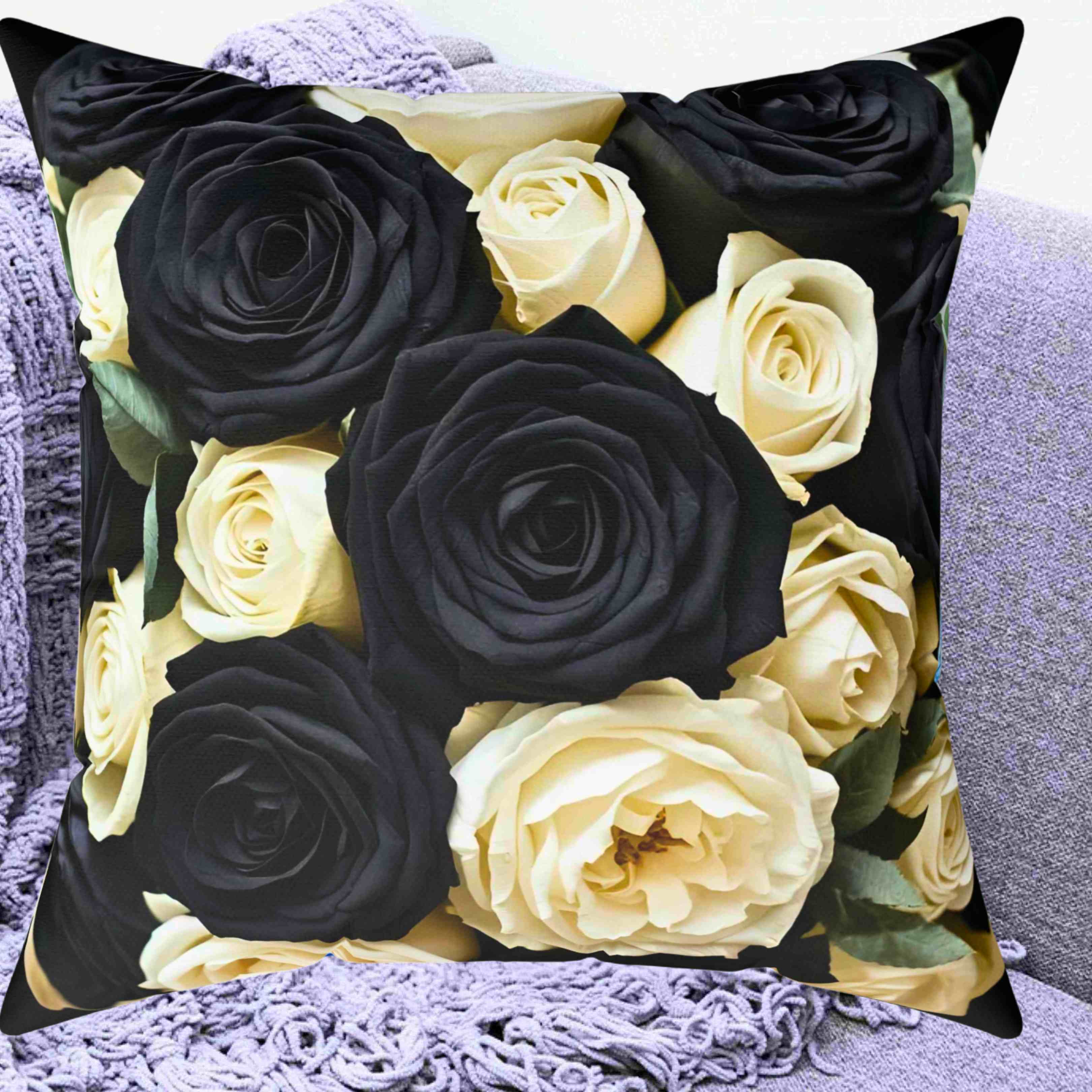 Black and Ivory Roses Square Pillow | Floral Decorative Throw Cushion product thumbnail image