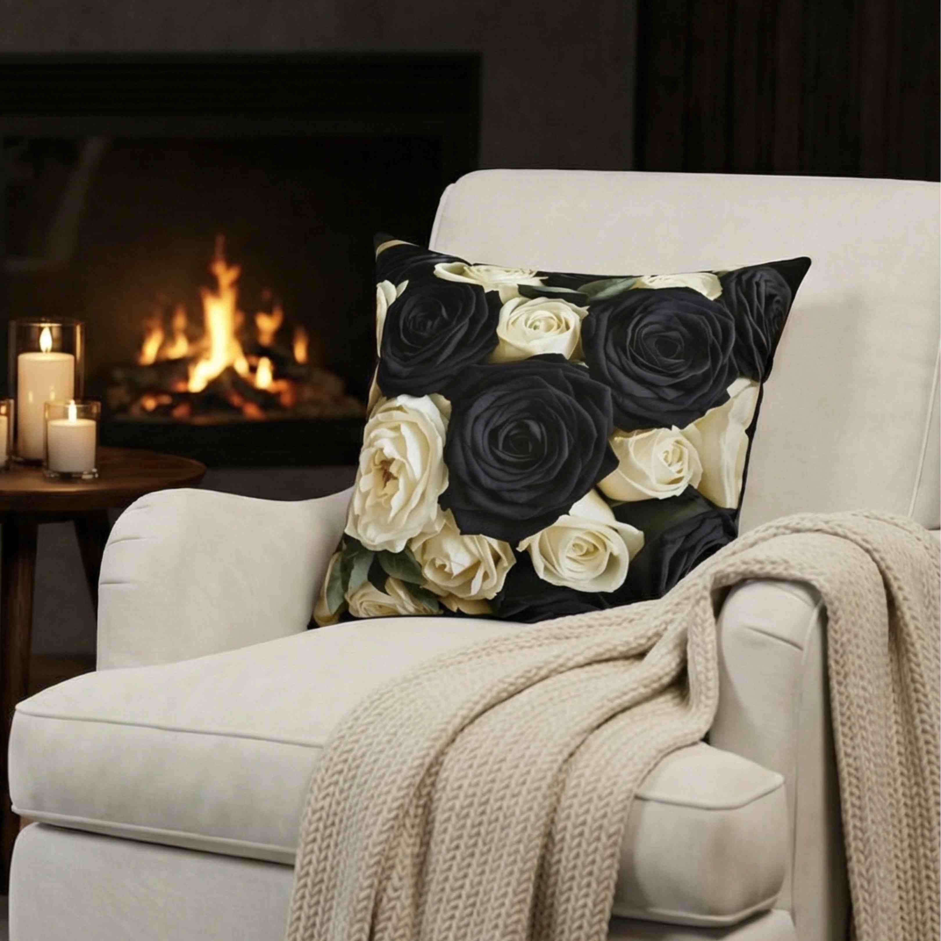 Black and Ivory Roses Square Pillow | Floral Decorative Throw Cushion product thumbnail image