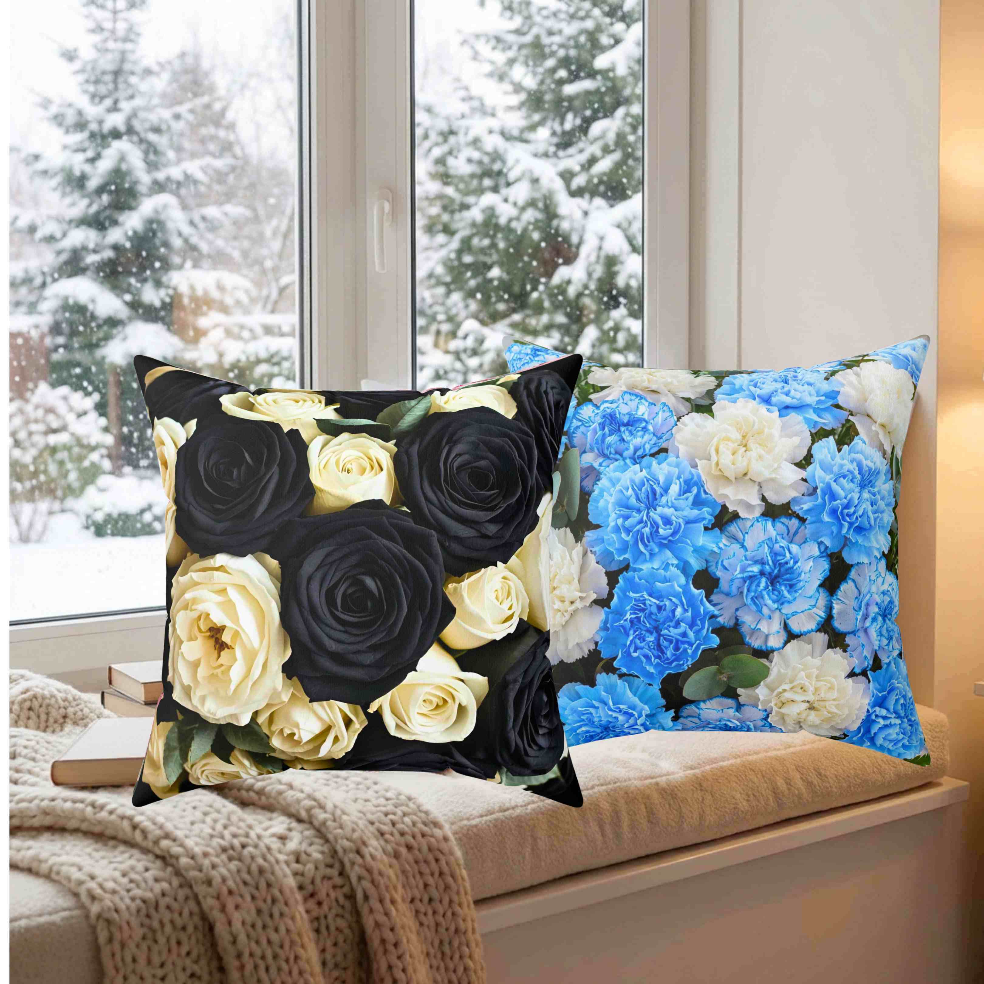 Black and Ivory Roses Square Pillow | Floral Decorative Throw Cushion product thumbnail image