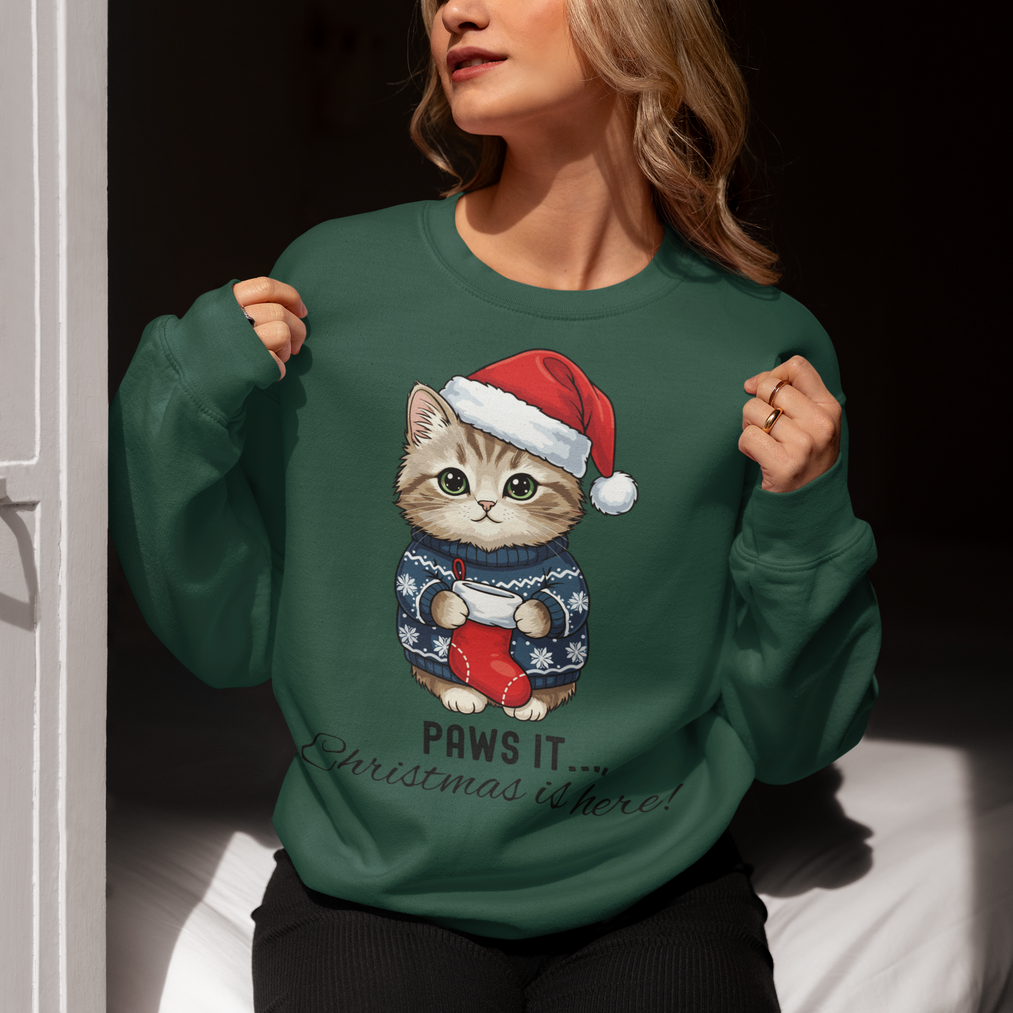 Christmas Cat Sweatshirt — Funny Cat Holding a Sock Holiday Crewneck product thumbnail image