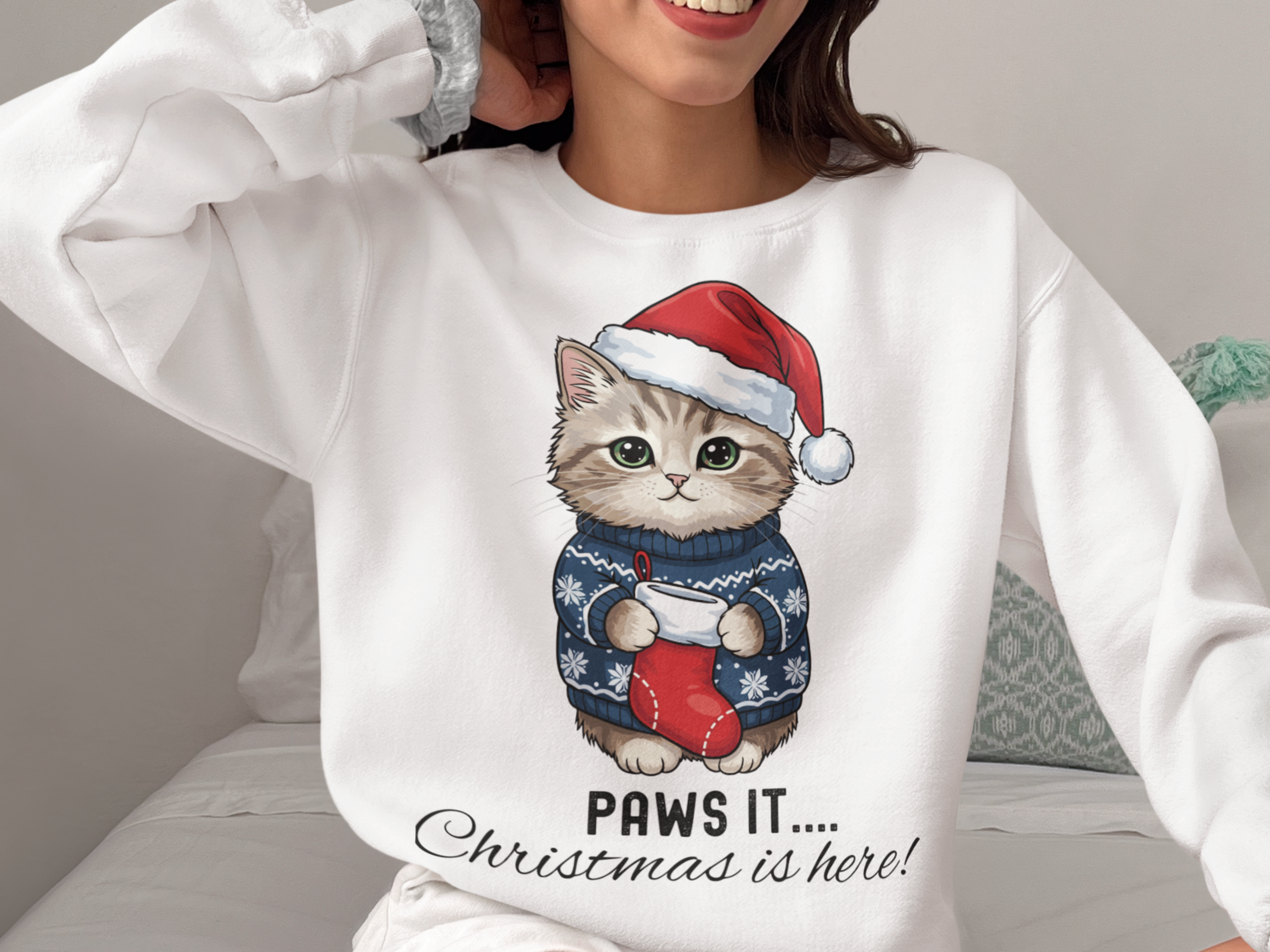 Christmas Cat Sweatshirt — Funny Cat Holding a Sock Holiday Crewneck