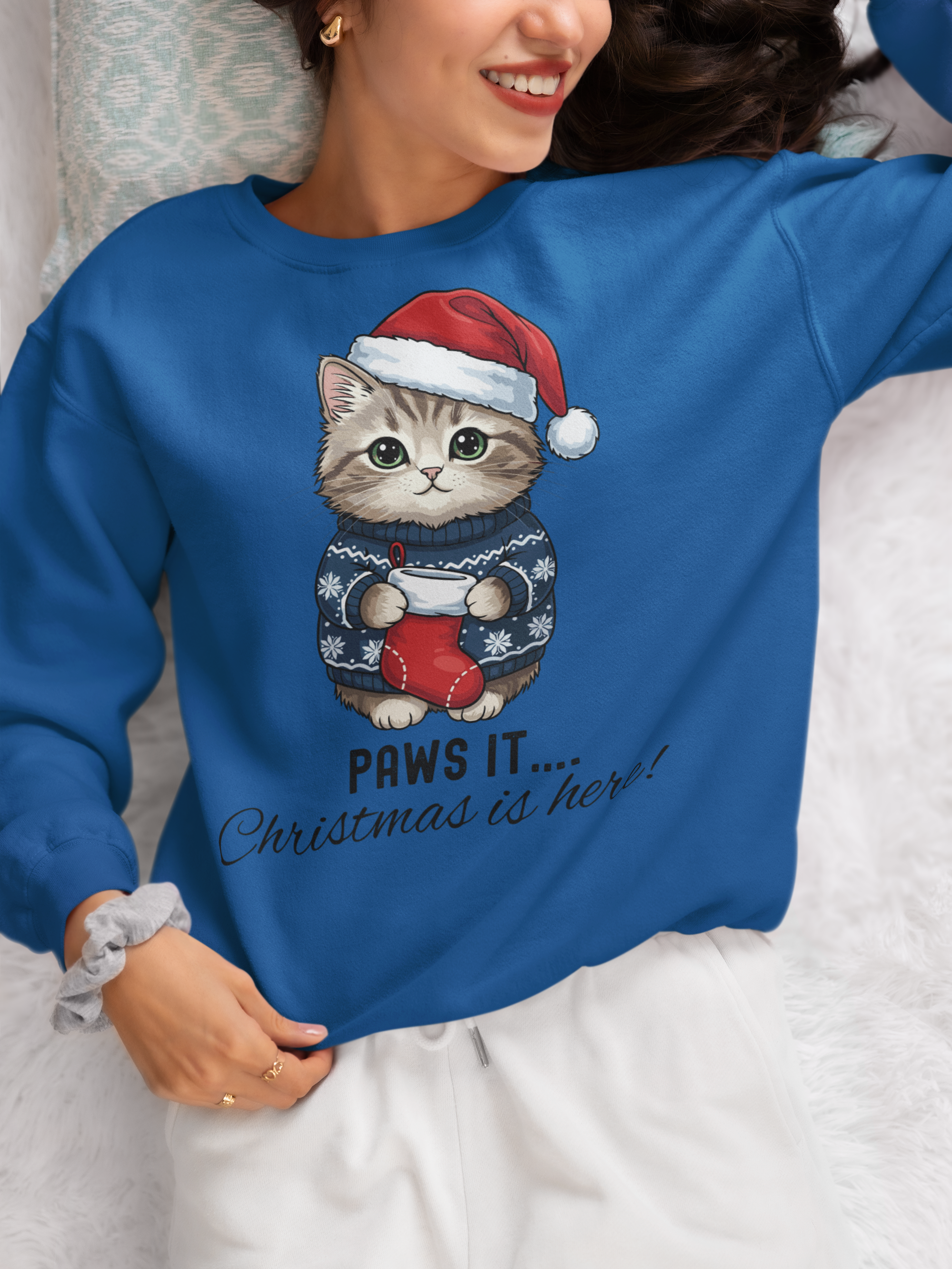 Christmas Cat Sweatshirt — Funny Cat Holding a Sock Holiday Crewneck product thumbnail image Christmas Cat Sweatshirt — Funny Cat Holding a Sock Holiday Crewneck product thumbnail image